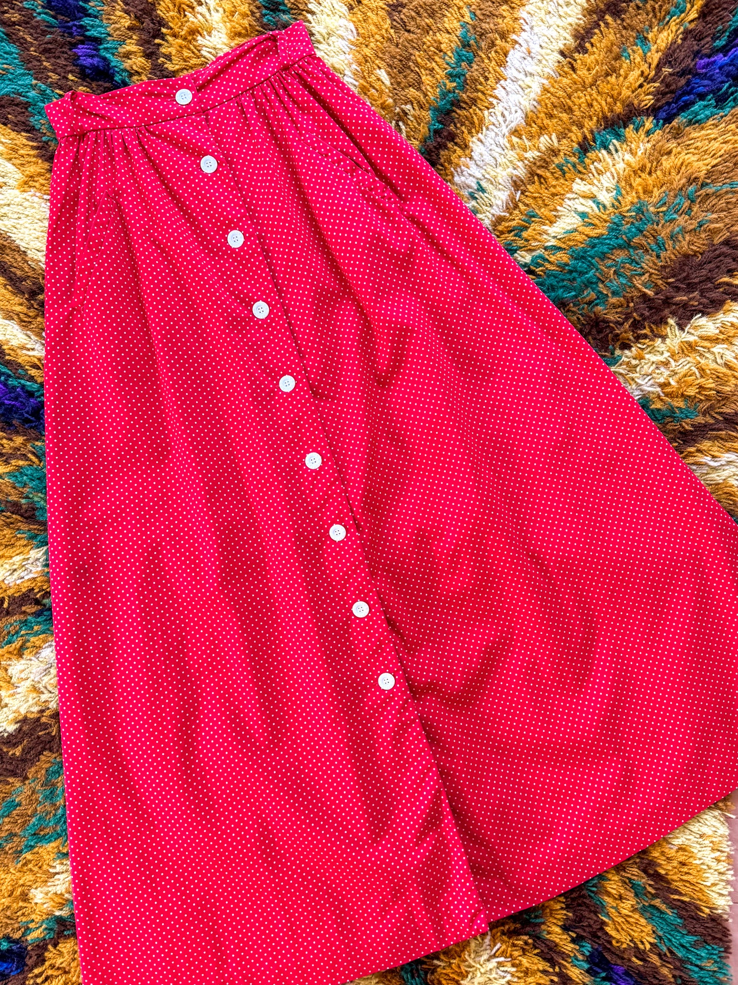 VINTAGE 1970S WRAGGS COTTON POLKA DOT BUTTON THROUGH MAXI SKIRT XS/S