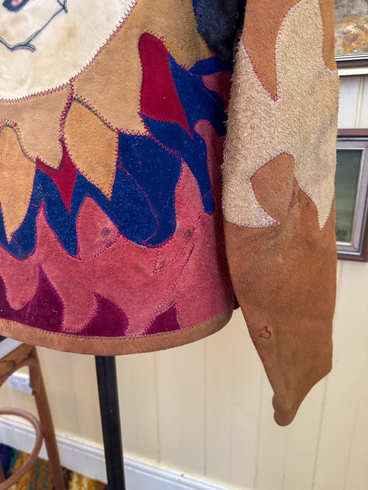VINTAGE 1970S RARE BURRAY OLSON HAND PAINTED SUN PATCHWORK SUEDE LEATHER JACKET M