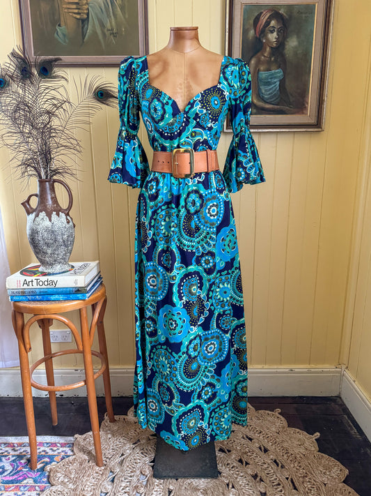 VINTAGE 1970S TRIXIE COTTON PSYCHEDELIC PRAIRIE MAXI DRESS XS/S