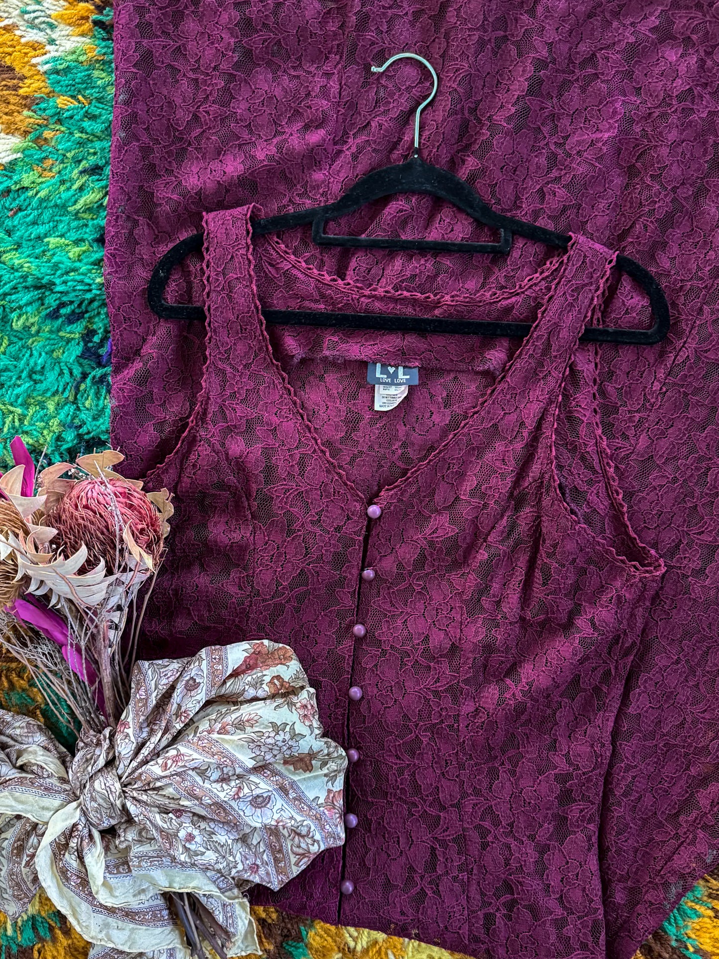 VINTAGE 1990S BURGUNDY LACE SLEEVELESS MAXI DUSTER DRESS M/L