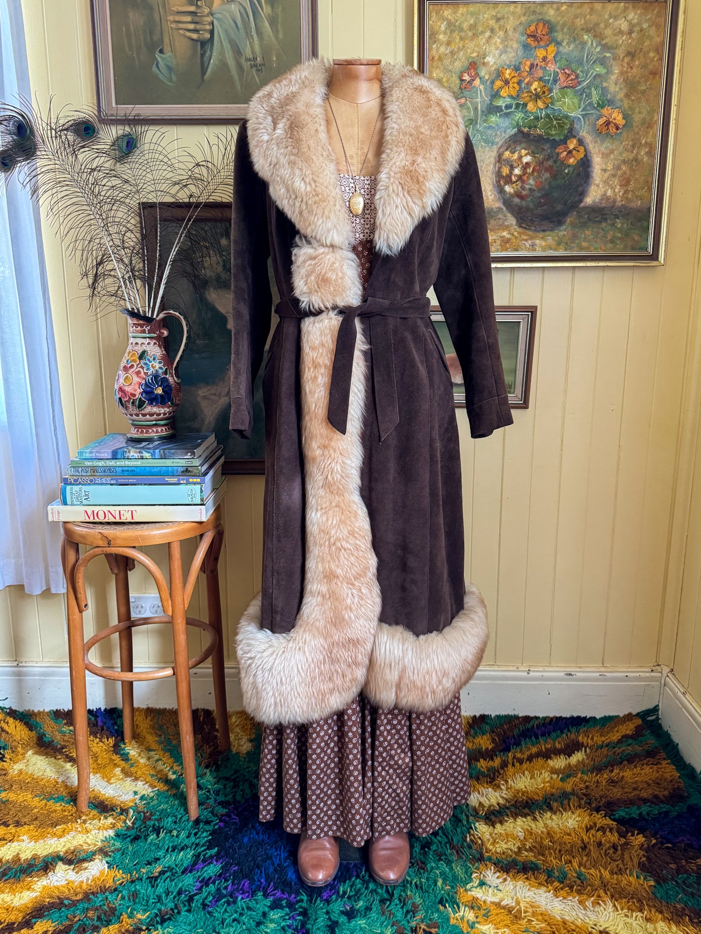 VINTAGE 1970S CHOCOLATE BROWN SUEDE LEATHER LONGLINE PENNY LANE SHEARLING COAT S