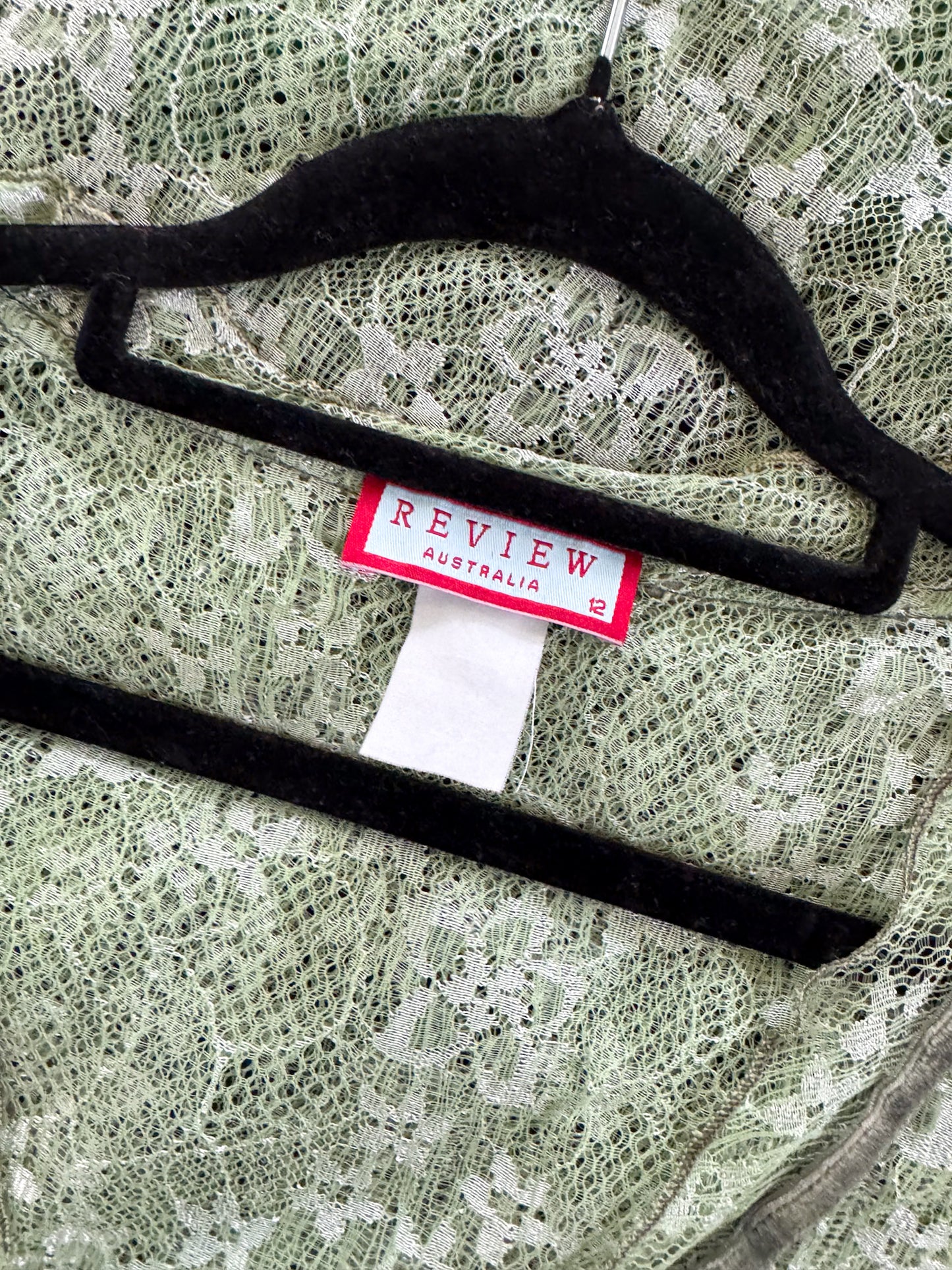 VINTAGE 1990S AUSTRALIAN REVIEW SHEER LACE VELVET TRIM MIDI DRESS S/M