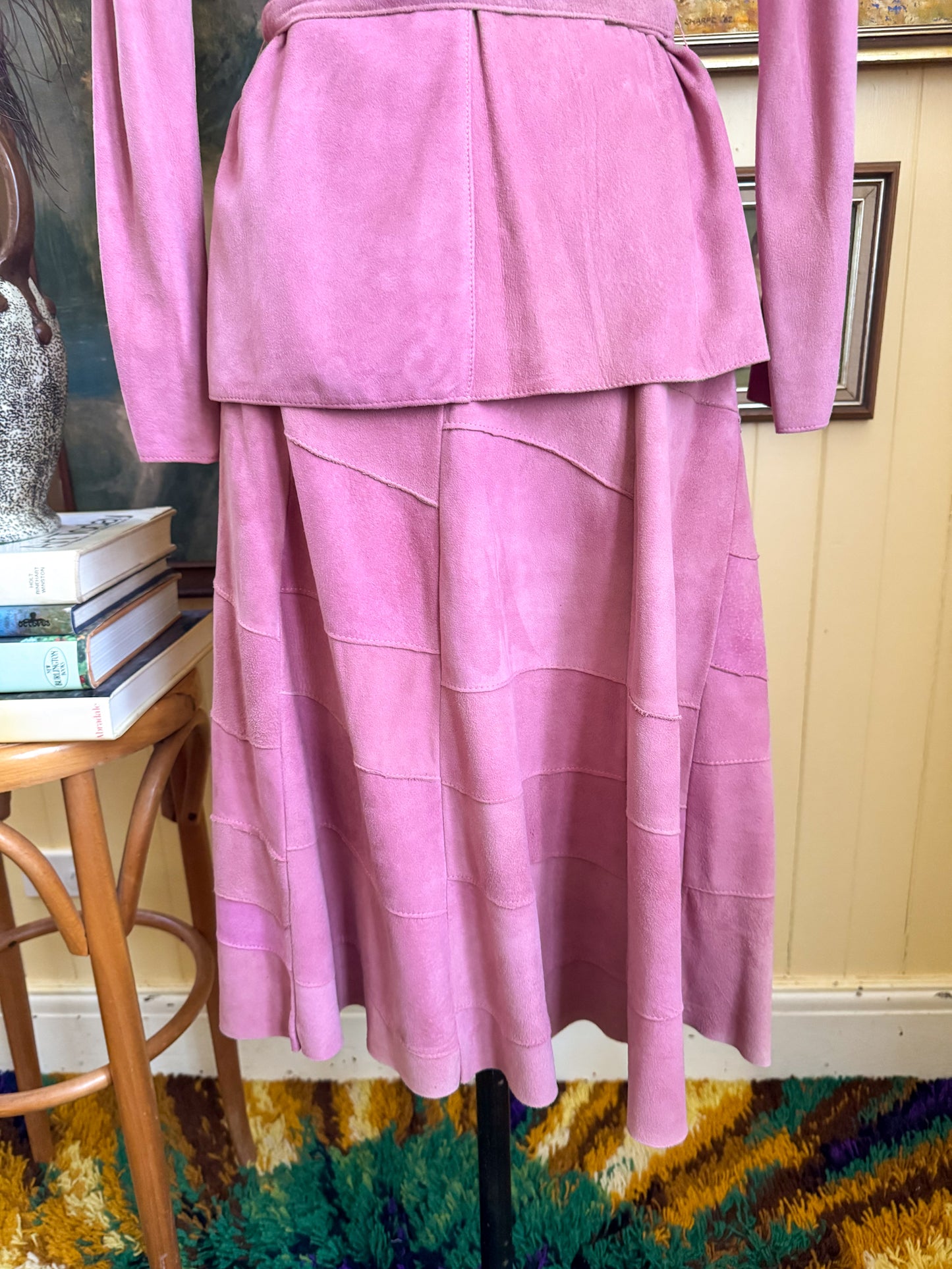 VINTAGE 1970S DRESKE SOMOFF PINK PATCHWORK SUEDE JACKET AND MIDI SKIRT SET XS