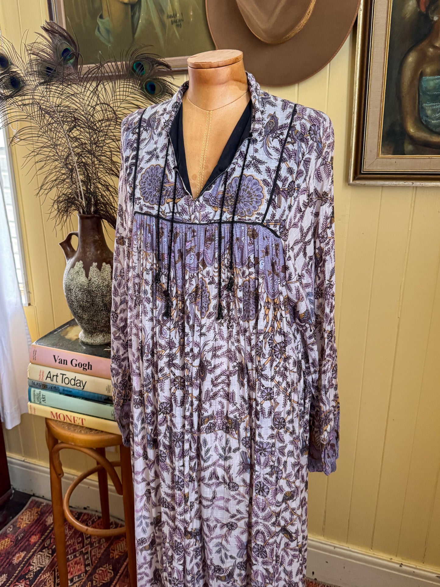 VINTAGE 1970S INDIAN COTTON GAUZE BLOCK PRINT MIDI DRESS S/M