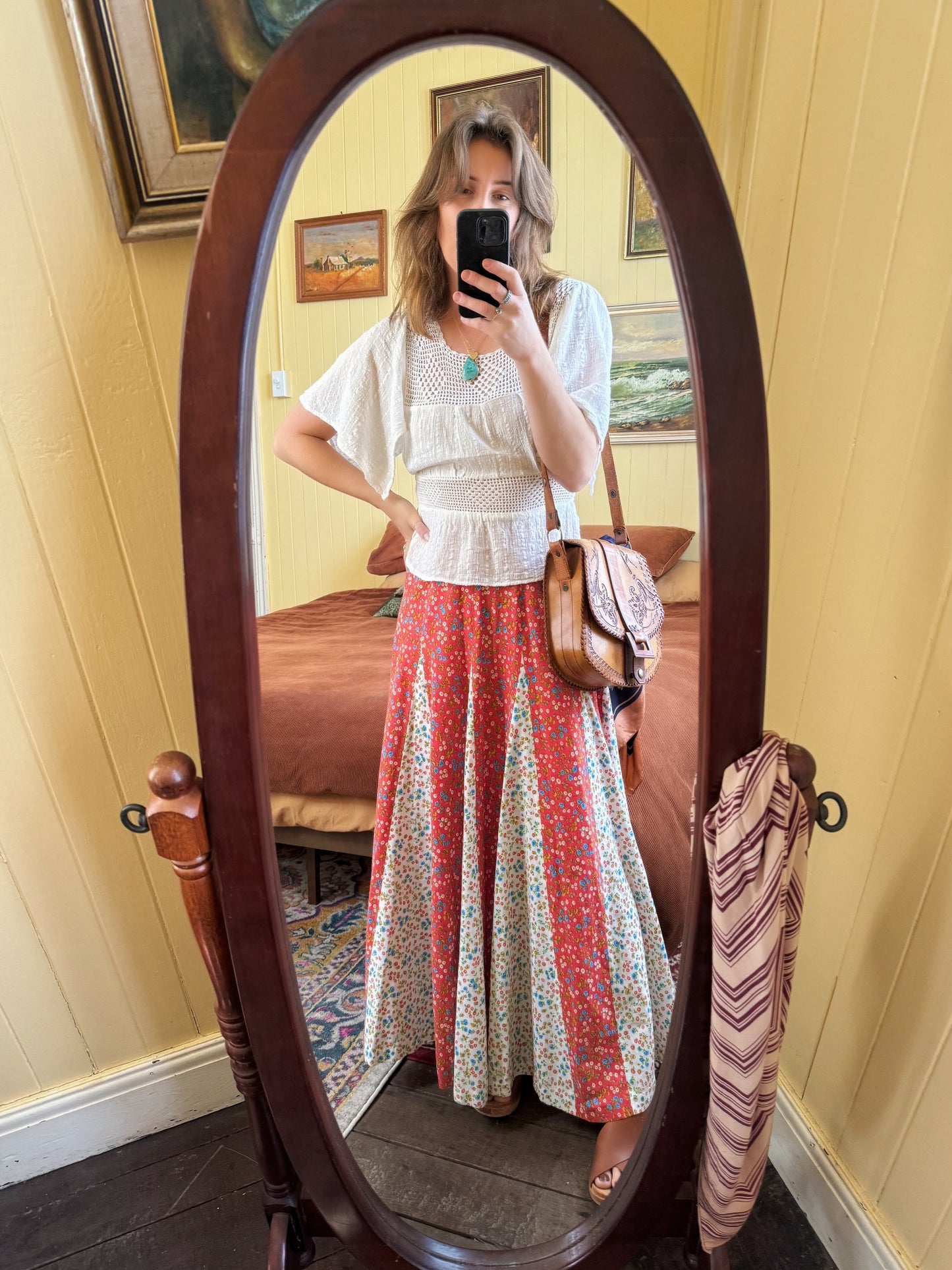 VINTAGE 1970S SHARADE FOR KATIES COTTON CHEESECLOTH CROCHET BLOUSE S/M