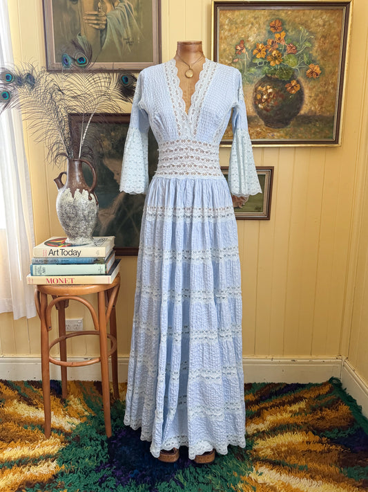 VINTAGE 1970S RODAMEX MEXICAN PURE COTTON BABY BLUE LACE INSERT MAXI DRESS XS/S