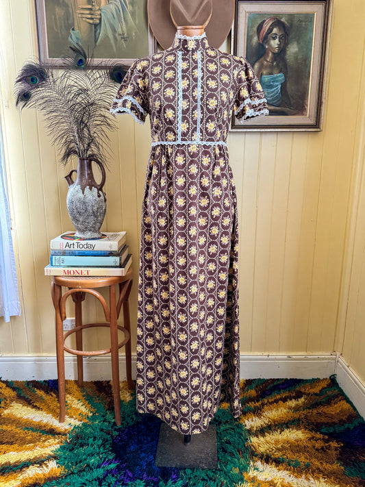 VINTAGE 1970S CORNELL COTTON FLORAL PRINT MAXI PRAIRIE DRESS XS/S