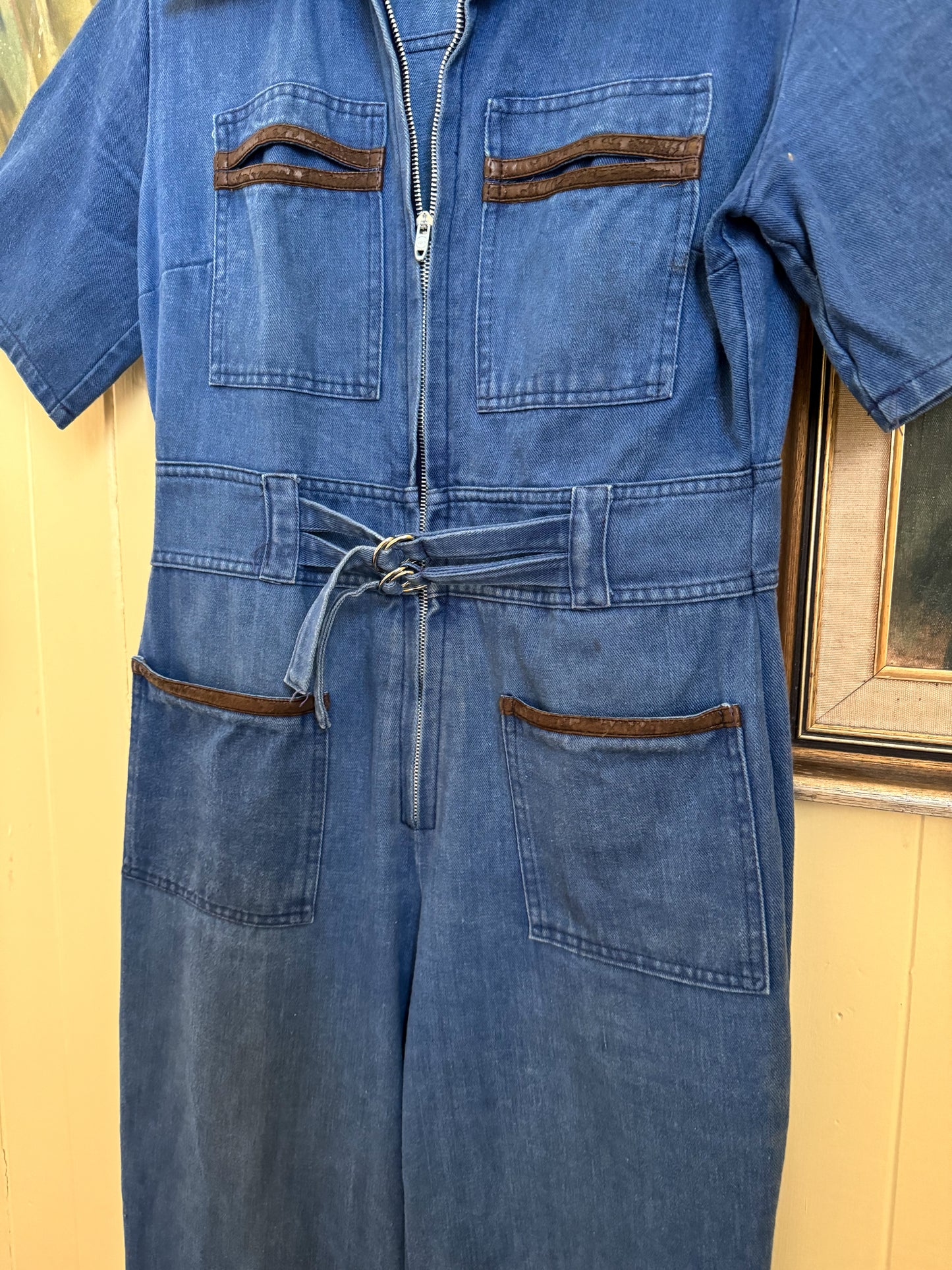 VINTAGE 1970S CLOUDS COTTON DENIM WIDE LEG JUMPSUIT XS/S