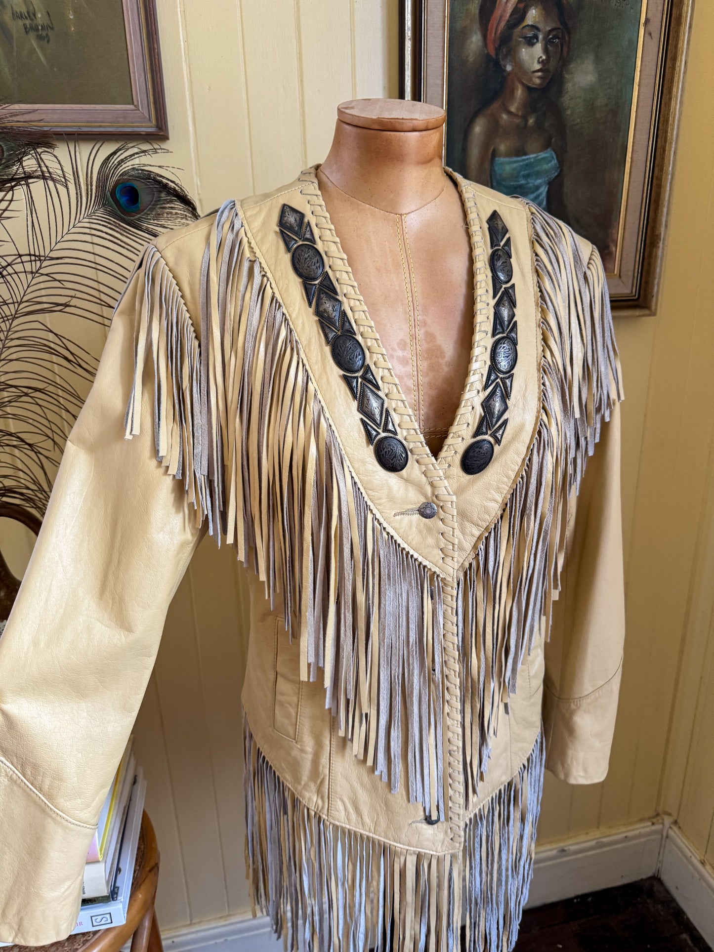 VINTAGE 1980S PIONEER WEAR LEATHER FRINGED WESTERN JACKET S/M