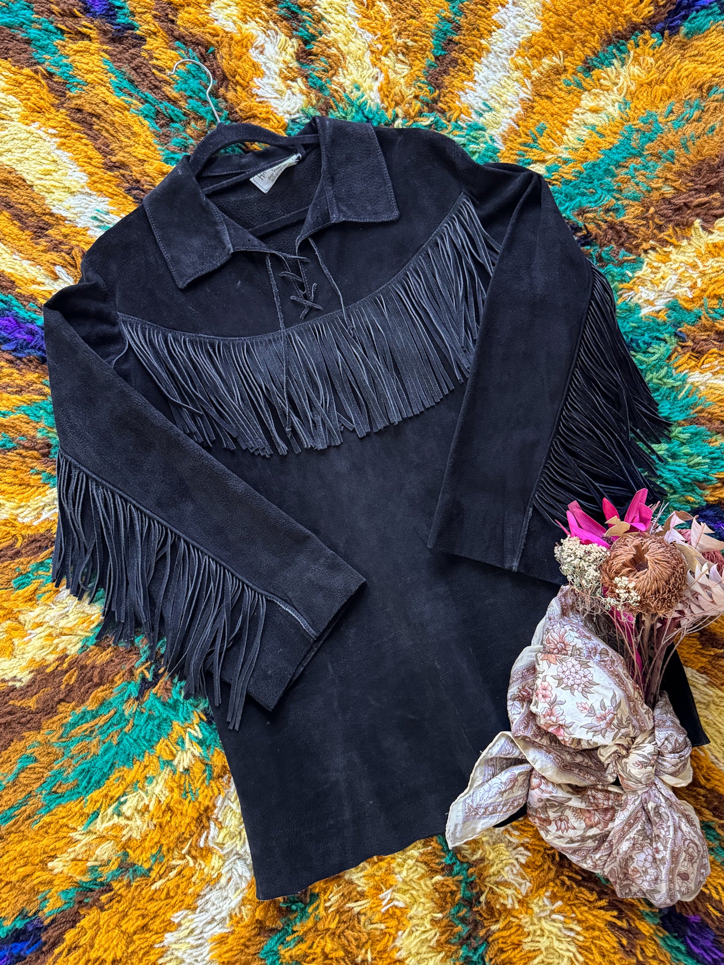 VINTAGE 1970S AUSTRALIAN BOJO BLACK SUEDE LEATHER FRINGED WESTERN TUNIC SHIRT M/L