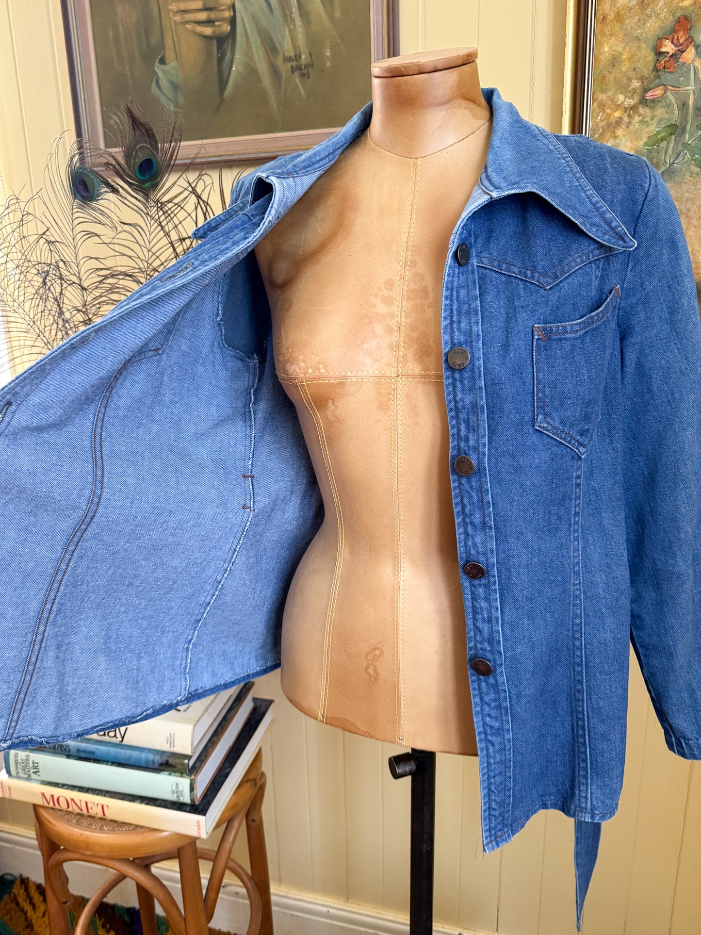 VINTAGE 1970S TARGET BRADMILL COTTON DENIM FITTED BELTED SHIRT JACKET S/M