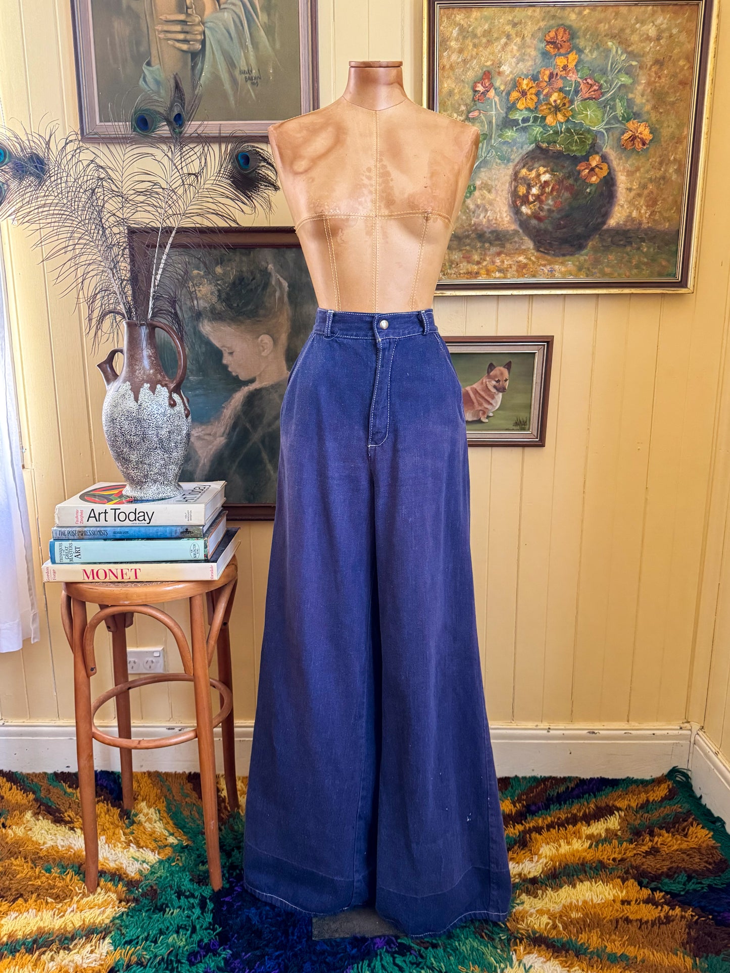 VINTAGE 1970S COTTON WIDE LEG HIGH WAIST DENIM SUPER FLARES JEANS M
