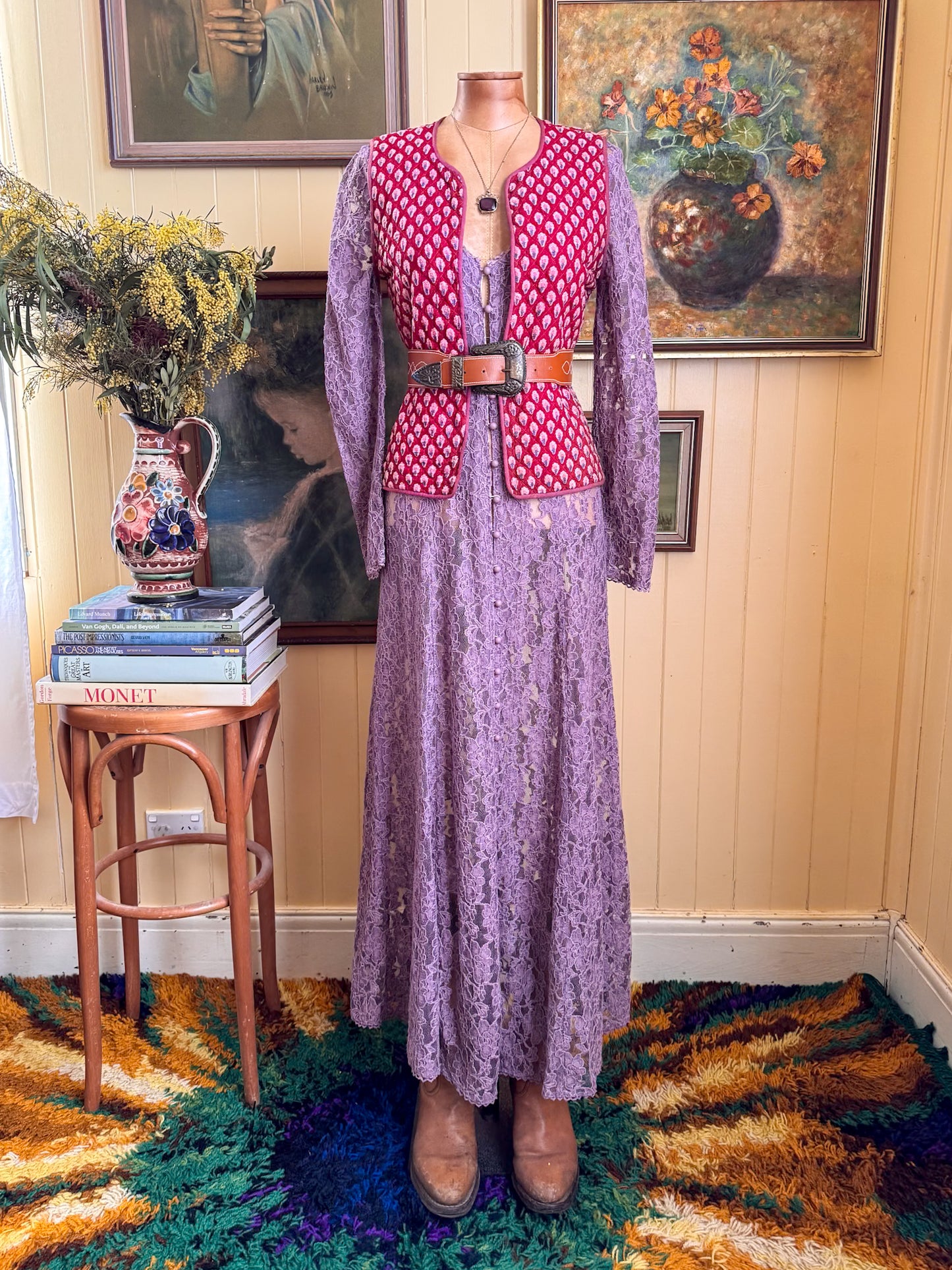 VINTAGE 1990S MAUVE LACE LONG SLEEVE MAXI DUSTER DRESS M/L