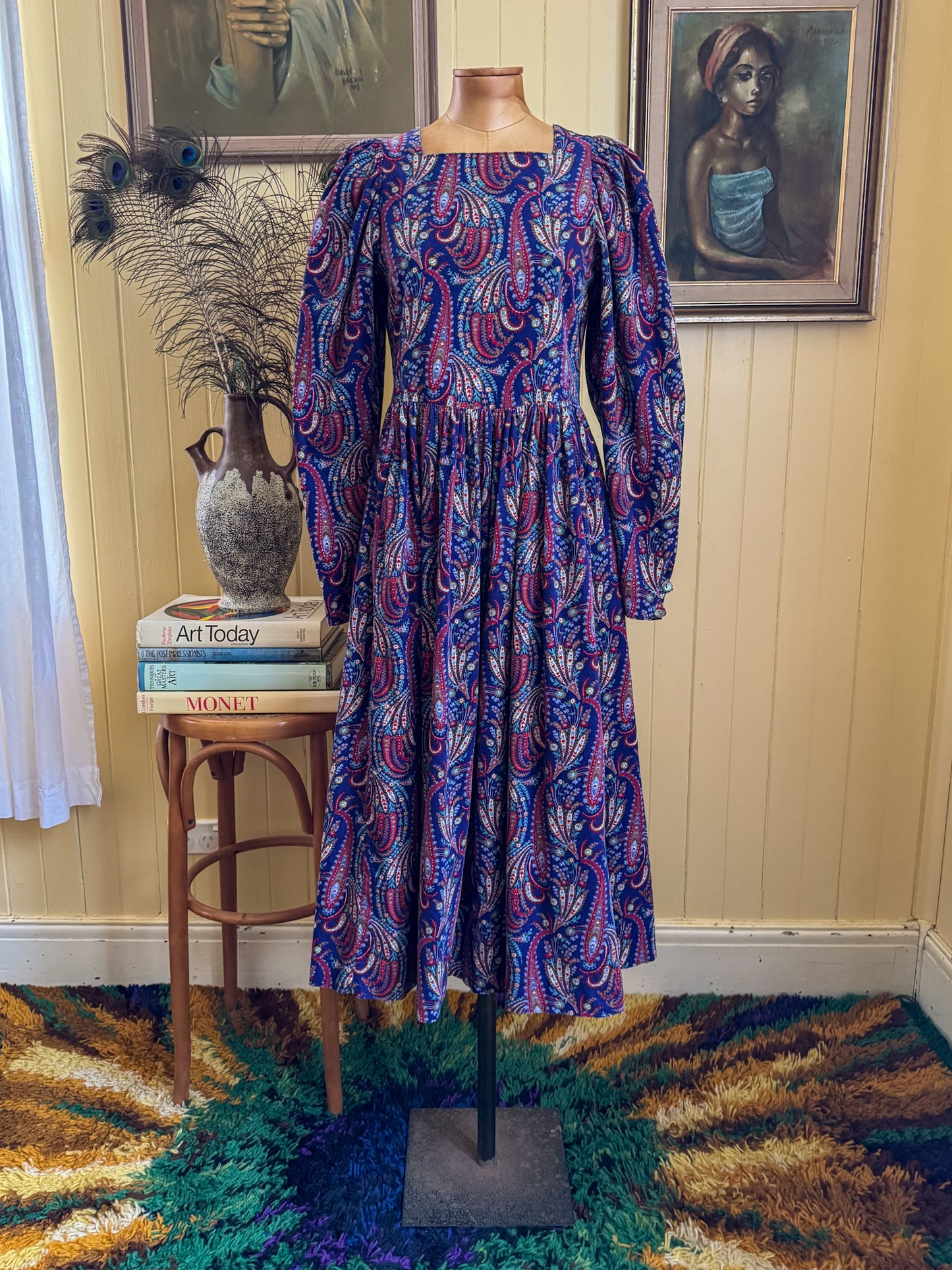 VINTAGE 1980S ENGLISH LAURA ASHLEY COTTON CORDUROY PAISLEY PRAIRIE DRESS S