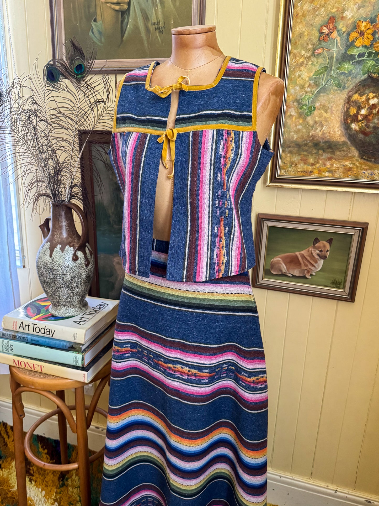 VINTAGE 1970S DANISH KILIM PRINT TWO PIECE TOP + MAXI SKIRT SET S