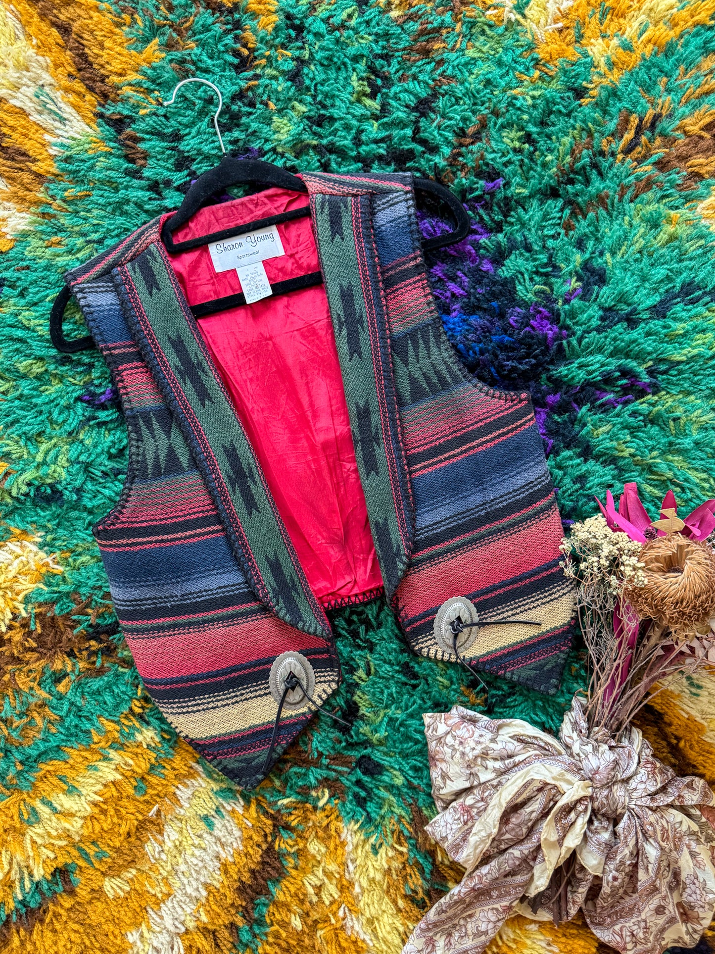 VINTAGE 1980S AMERICAN SHARON YOUNG COTTON SERAPE WOVEN CONCHO VEST S