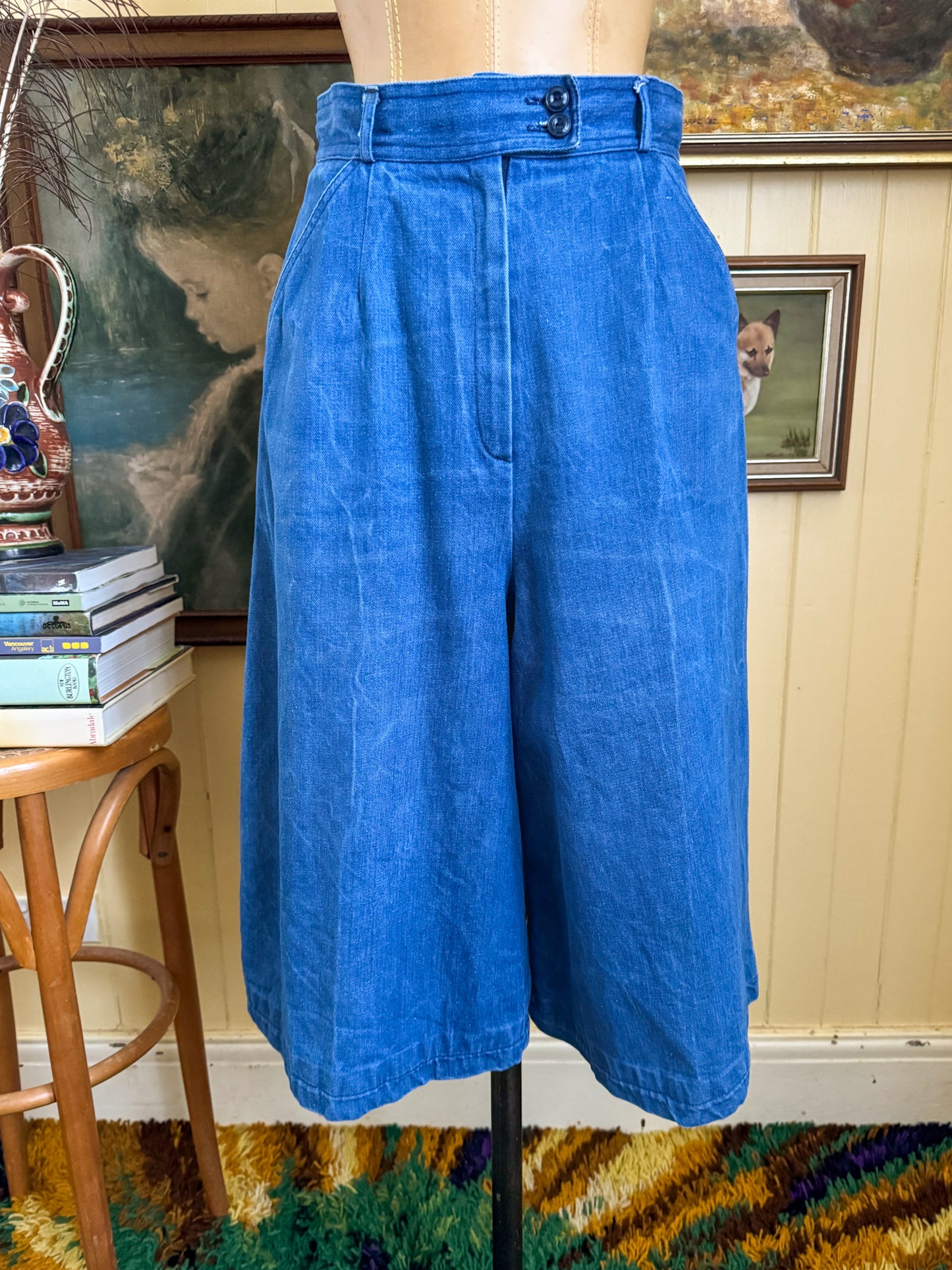 VINTAGE 1970S C&A COTTON DENIM SUPER HIGH WAIST WIDE LEG CULOTTES XS/S