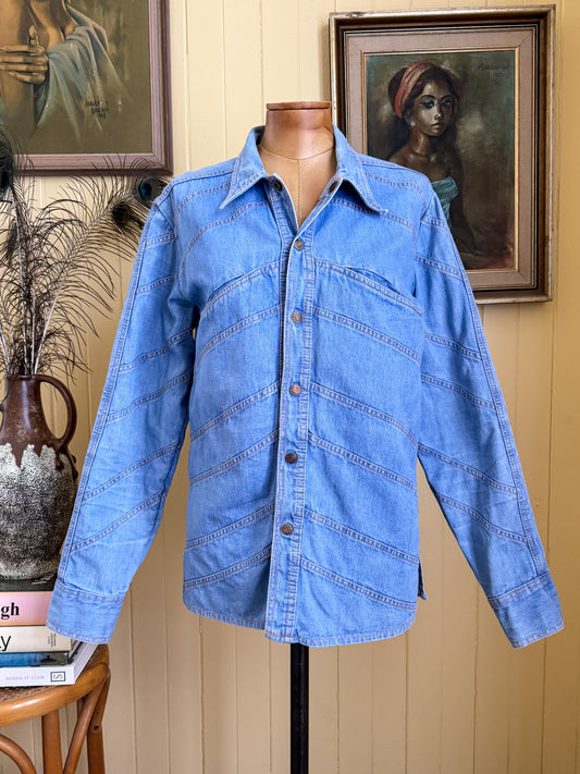 VINTAGE 1970S FADED GLORY COTTON DENIM CHEVRON SHIRT JACKET S/M