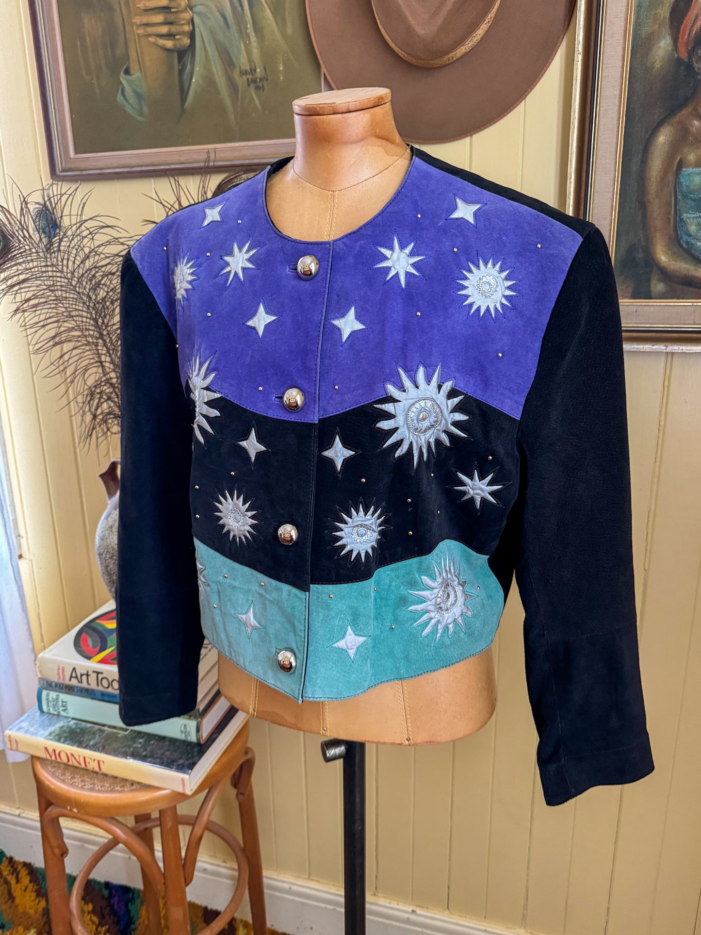 VINTAGE 1980S SUEDE LEATHER COLOUR BLOCK CELESTIAL CROPPED JACKET L