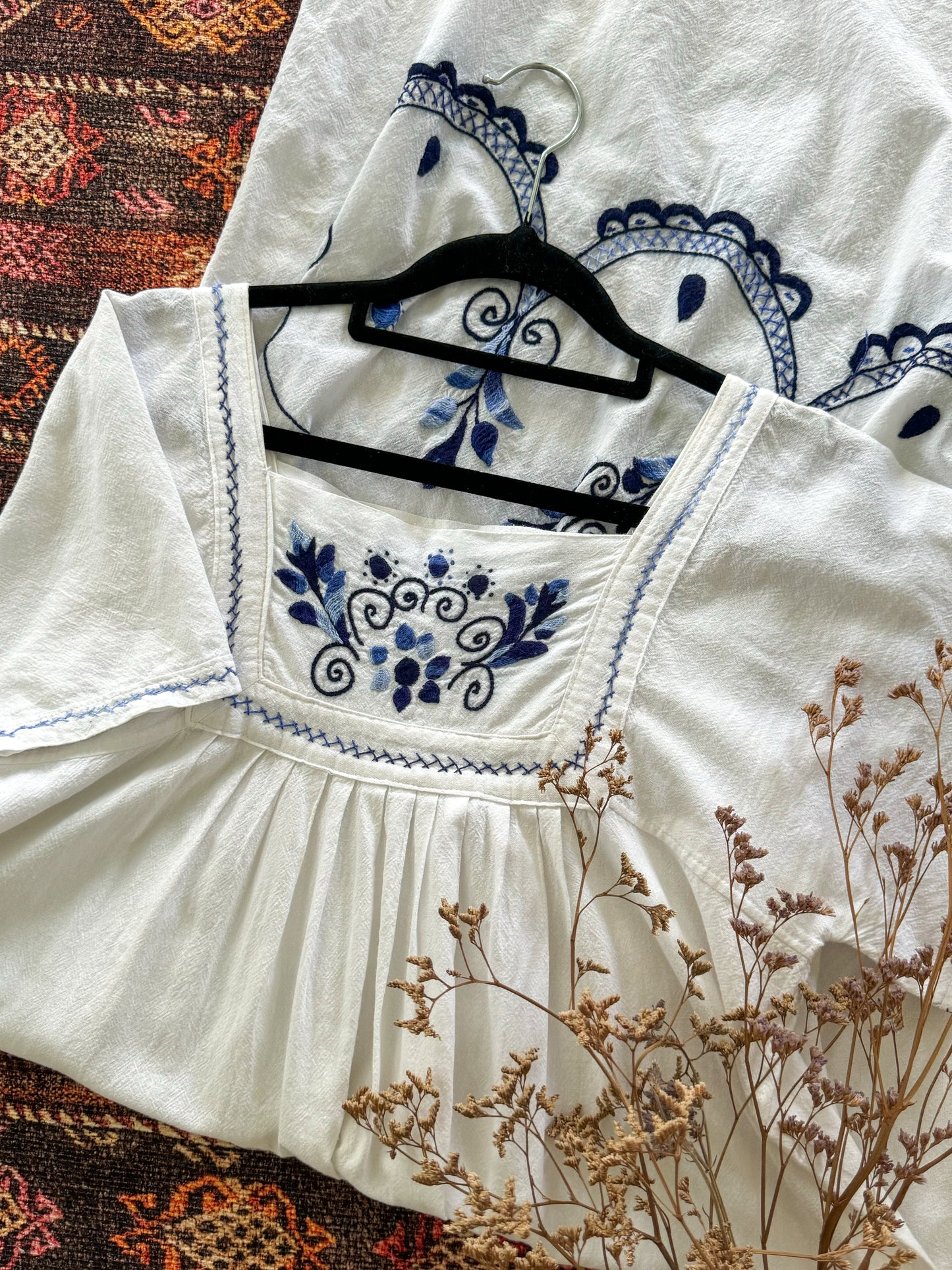 VINTAGE 1980S COTTON EMBROIDERED MIDI PEASANT DRESS M