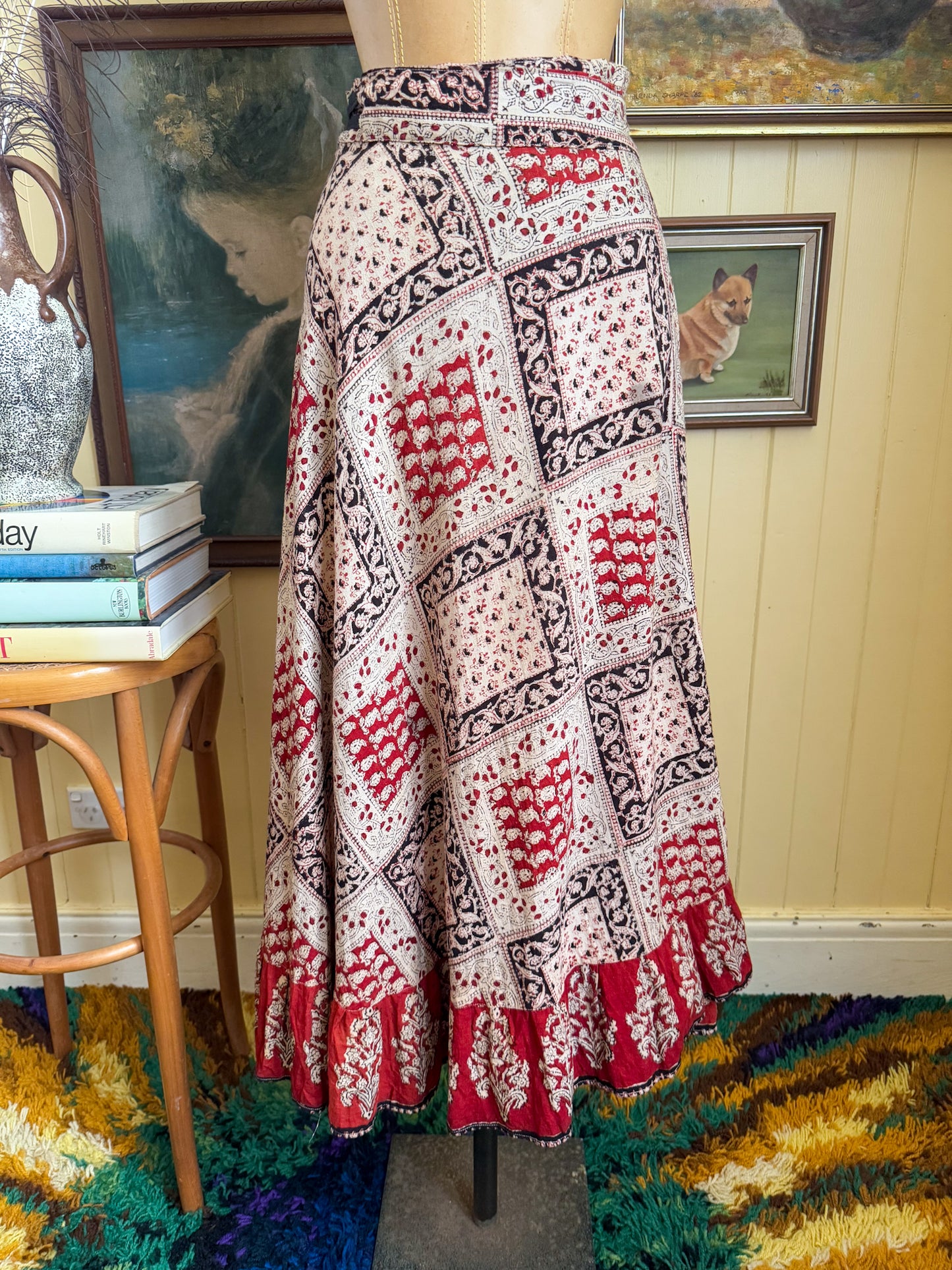 VINTAGE 1980S INDIAN COTTON BLOCK PRINT WRAP RUFFLE MIDI SKIRT S/M