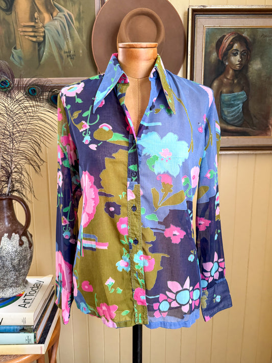 VINTAGE 1970S MAX AVILAND PARIS COTTON FLORAL PRINT DAGGER COLLAR SHIRT S/M