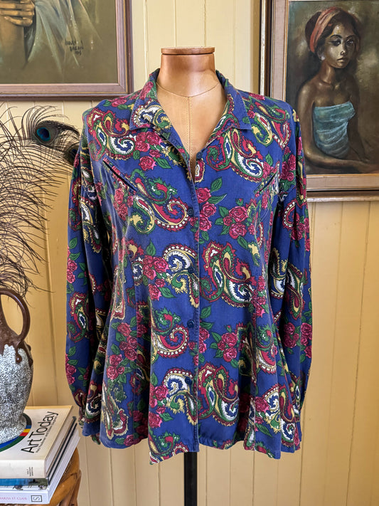 VINTAGE 1970S INDIAN COTTON PAISLEY BUTTON THROUGH BLOUSE M