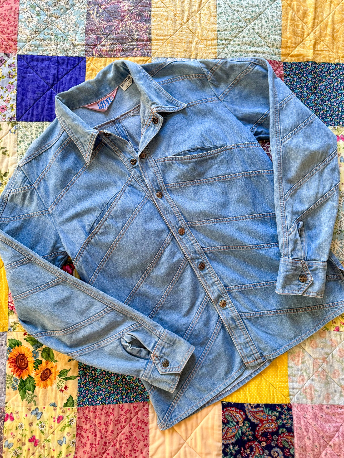 VINTAGE 1970S FADED GLORY COTTON DENIM CHEVRON SHIRT JACKET S/M