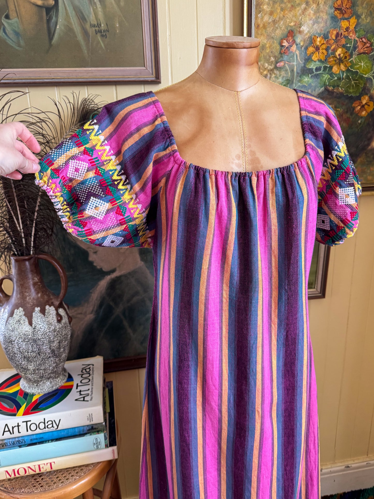 VINTAGE COTTON HANDWOVEN GUATEMALAN STRIPED EMBROIDERED MAXI DRESS M