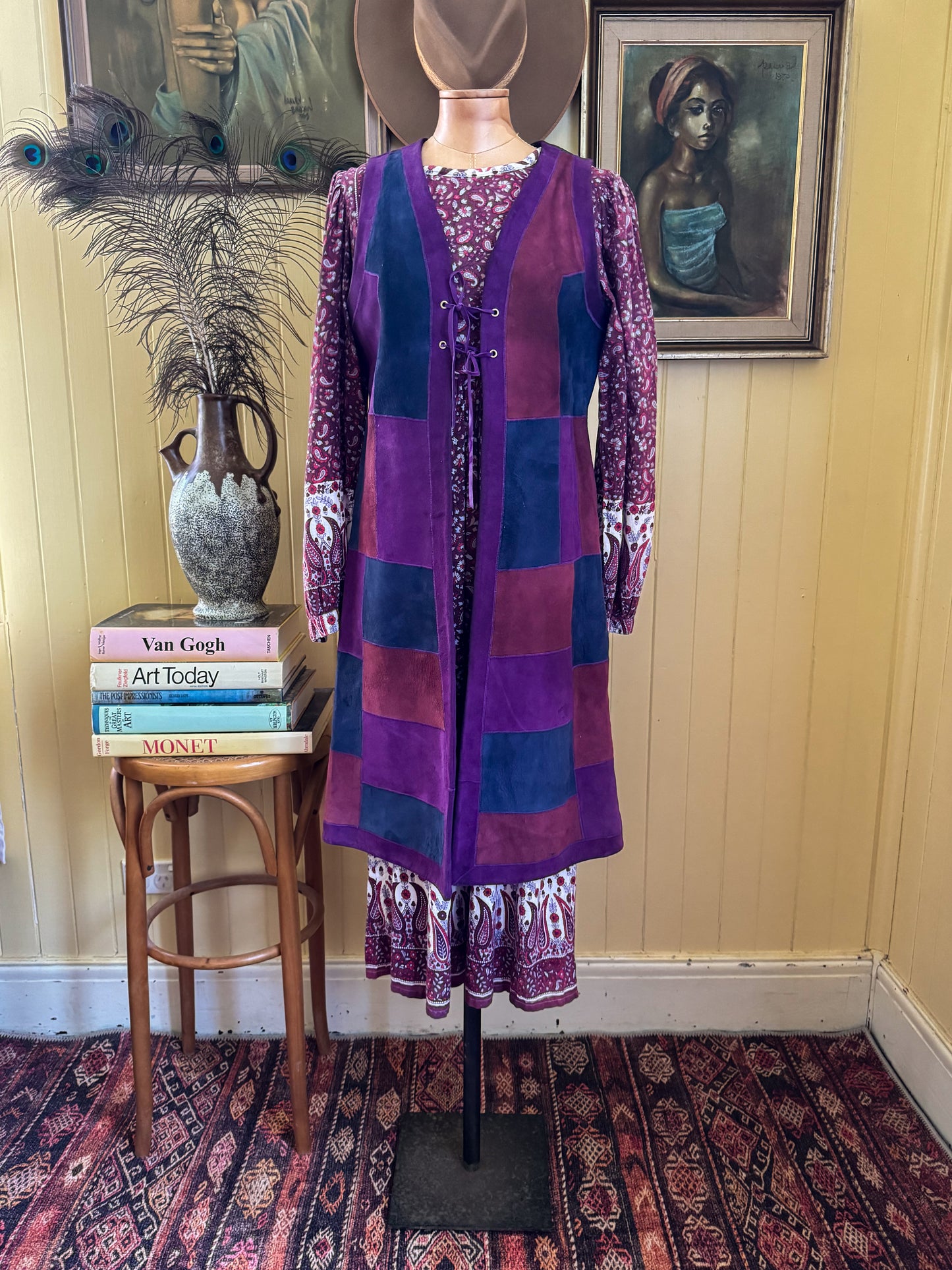 VINTAGE 1970S SUEDE LEATHER PATCHWORK LONGLINE LACE UP WAISTCOAT VEST S