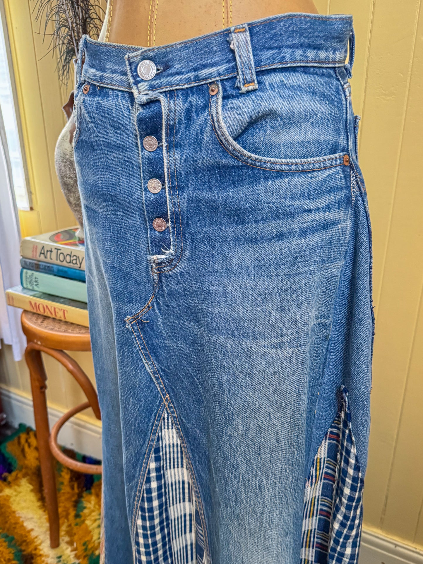 VINTAGE REWORKED LEVI’S COTTON DENIM PATCHWORK SPLICED MAXI SKIRT M