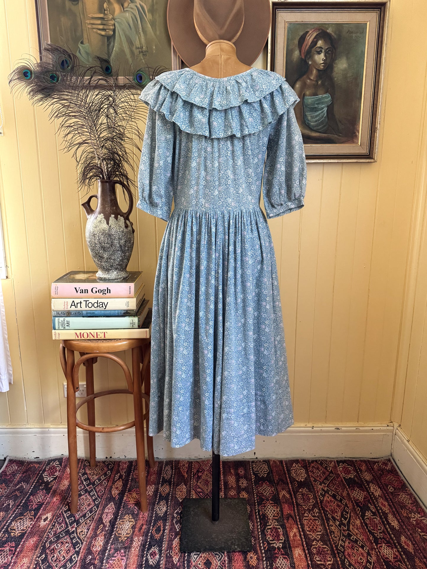 VINTAGE 1980S LAURA ASHLEY CARNO WALES COTTON FLORAL RUFFLE PRAIRIE DRESS M