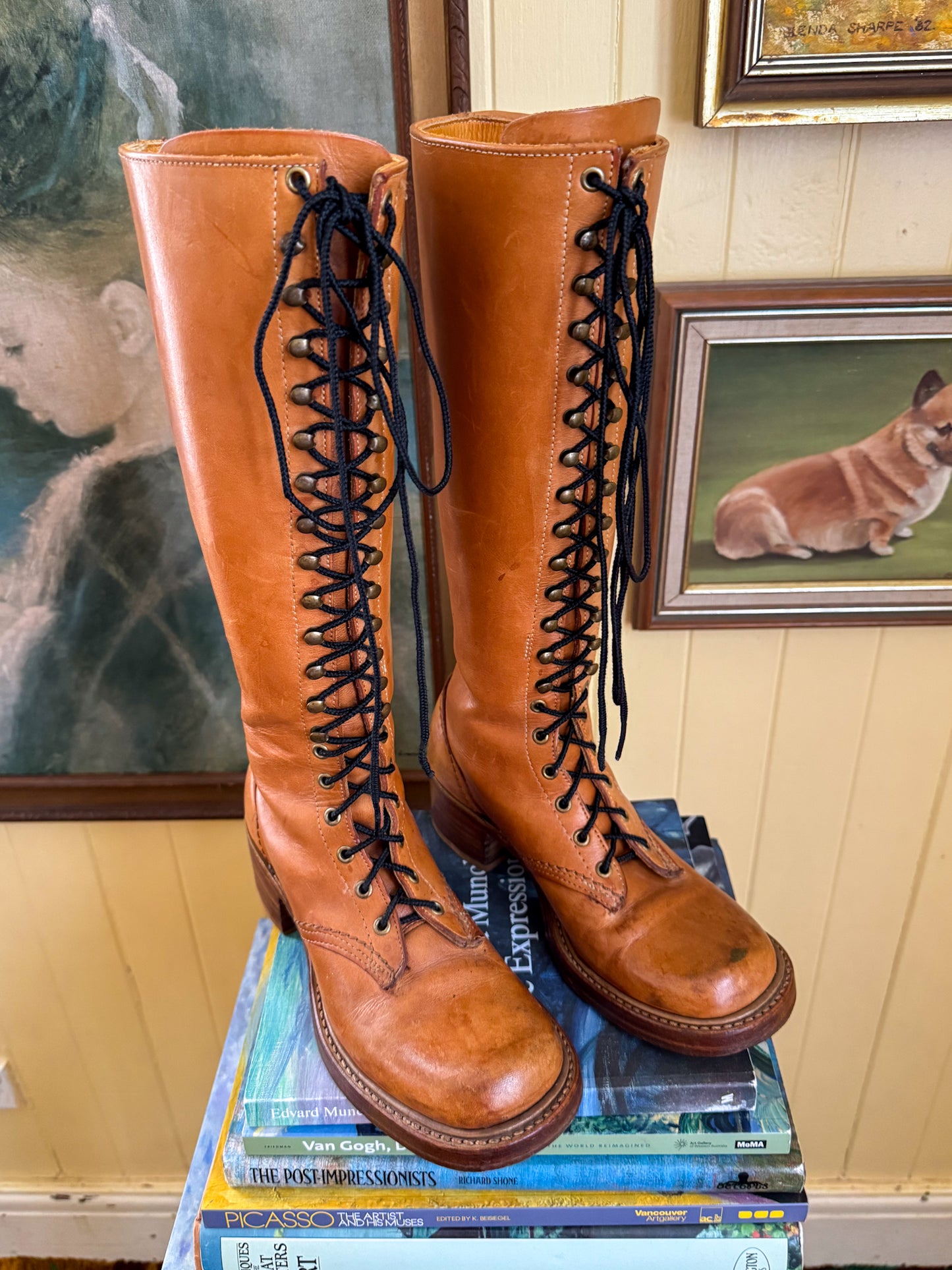VINTAGE BORT CARLETON CAMPUS LEATHER KNEE HIGH LACE UP BOOTS 7.5/38