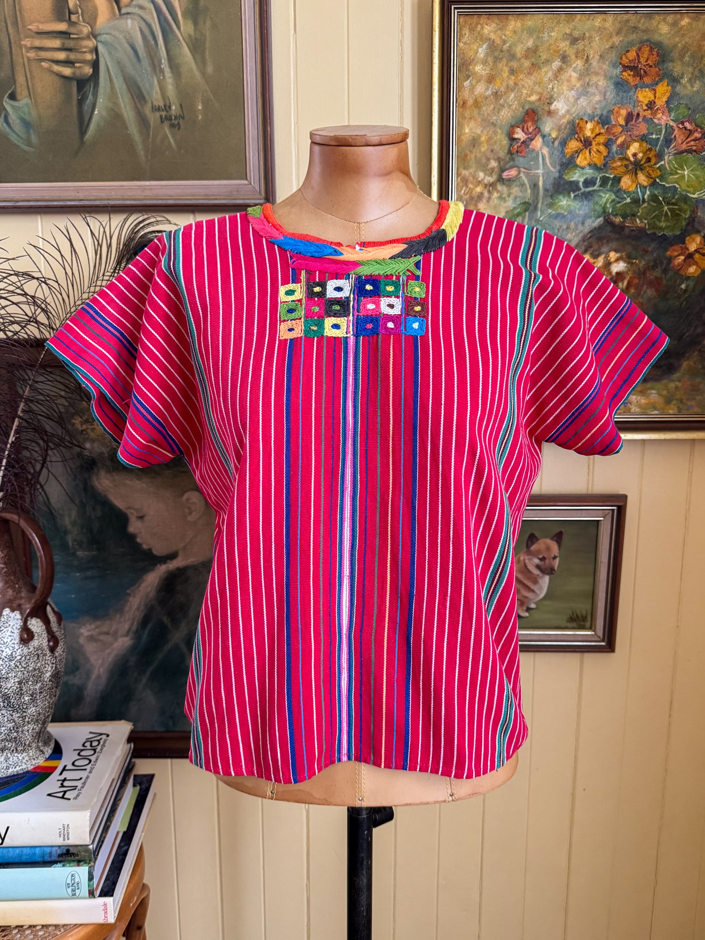 VINTAGE GUATEMALAN EMBROIDERED STRIPED COTTON HANDLOOM HUIPIL TOP S/M