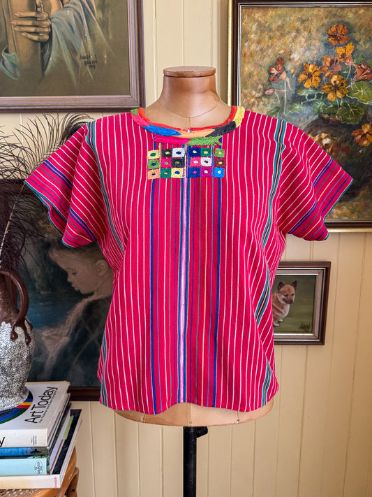 VINTAGE GUATEMALAN EMBROIDERED STRIPED COTTON HANDLOOM HUIPIL TOP S/M