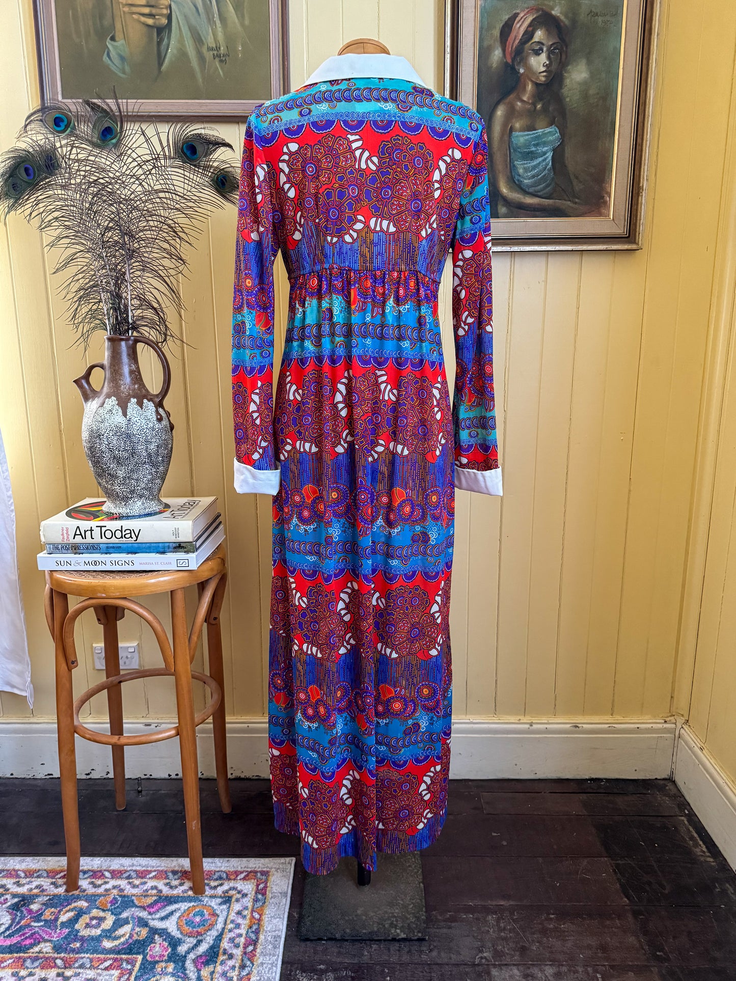 VINTAGE 1970S BINDI OF MELBOURNE PSYCHEDELIC COLLARED MAXI DRESS M