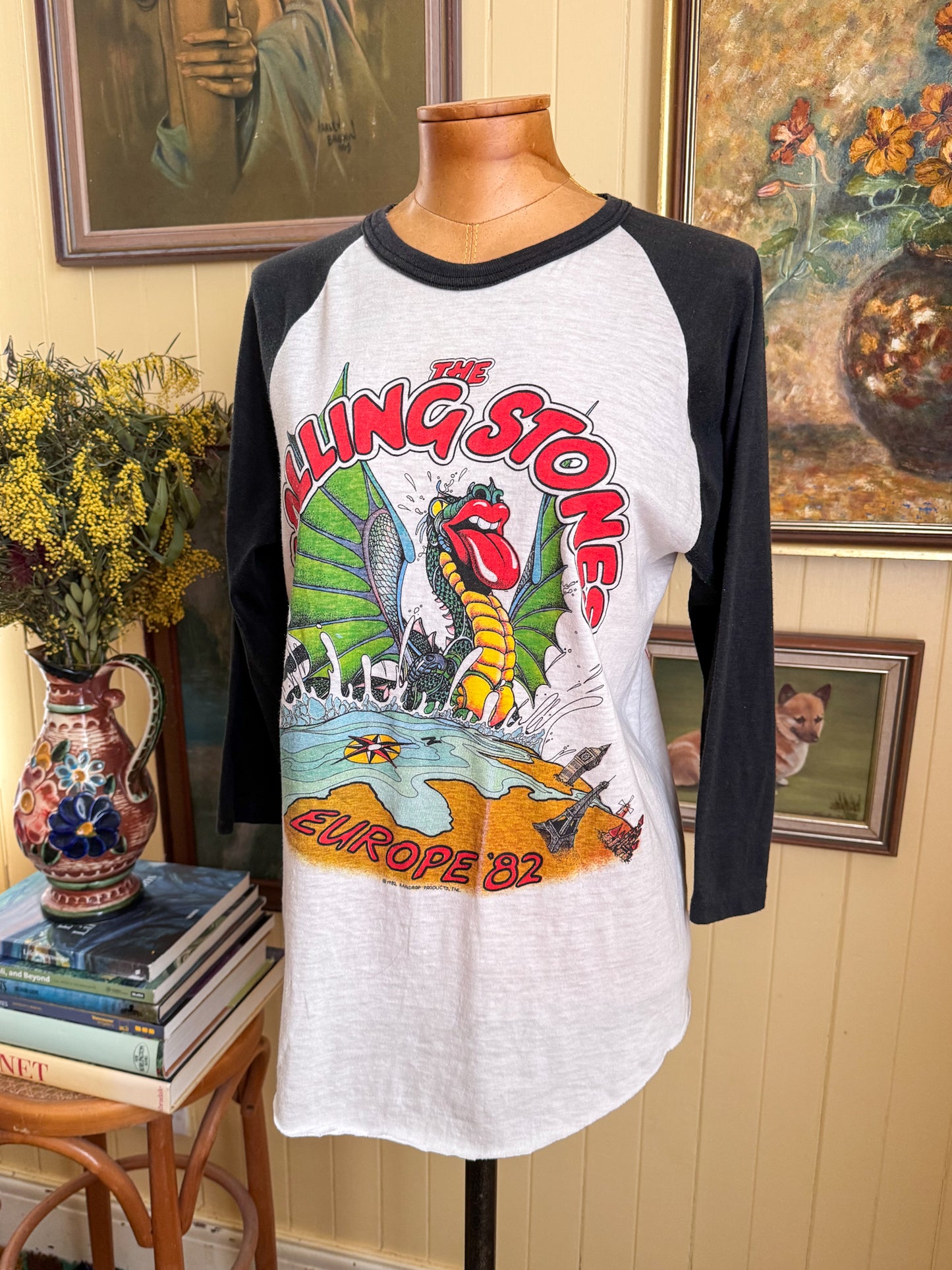 VINTAGE 1982 THE ROLLING STONES EUROPE TOUR PRINT RAGLAN TSHIRT M/L