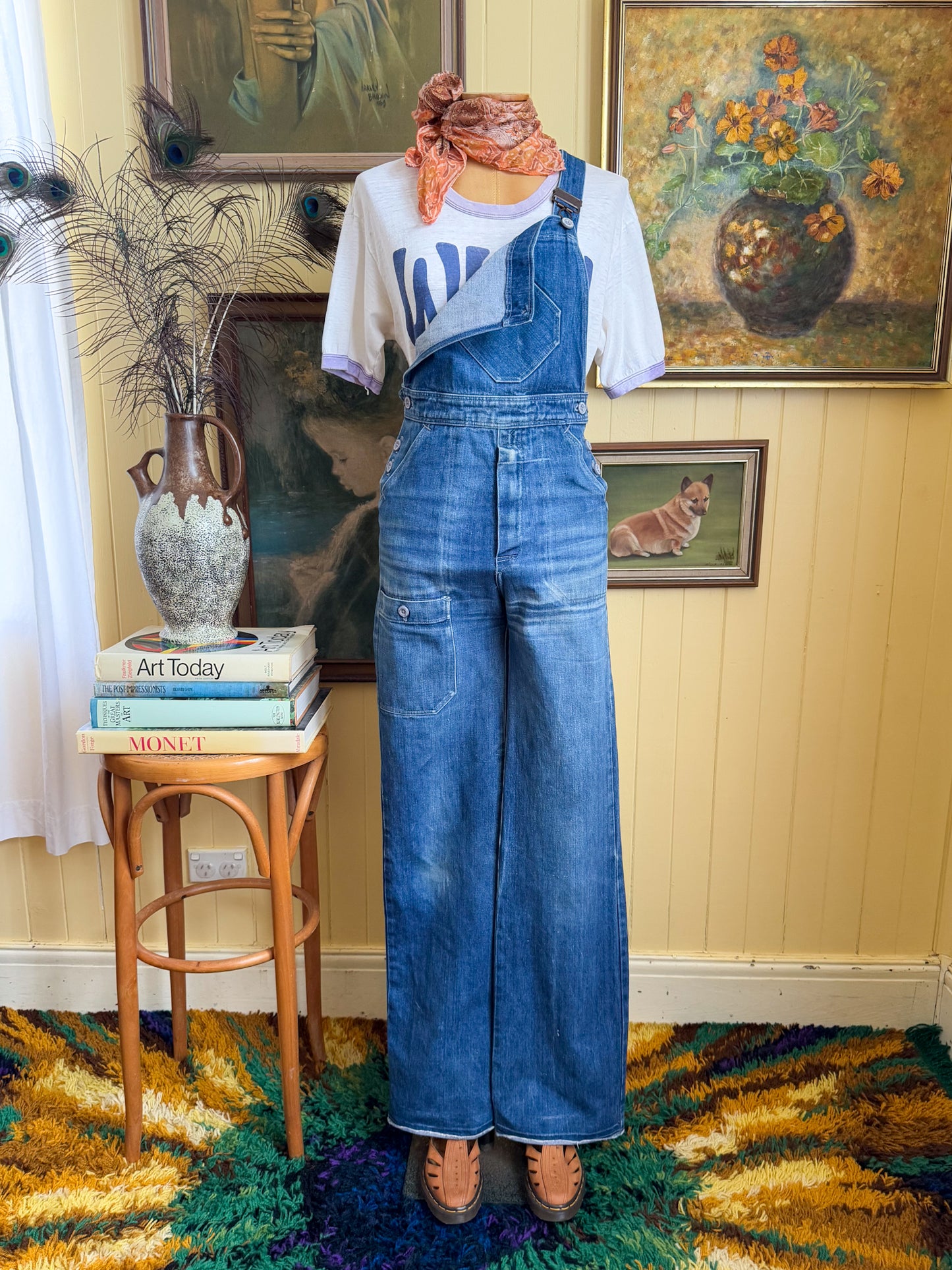 VINTAGE 1970S ENGLISH INEGA COTTON DENIM STRAIGHT LEG DUNGAREES OVERALLS XS