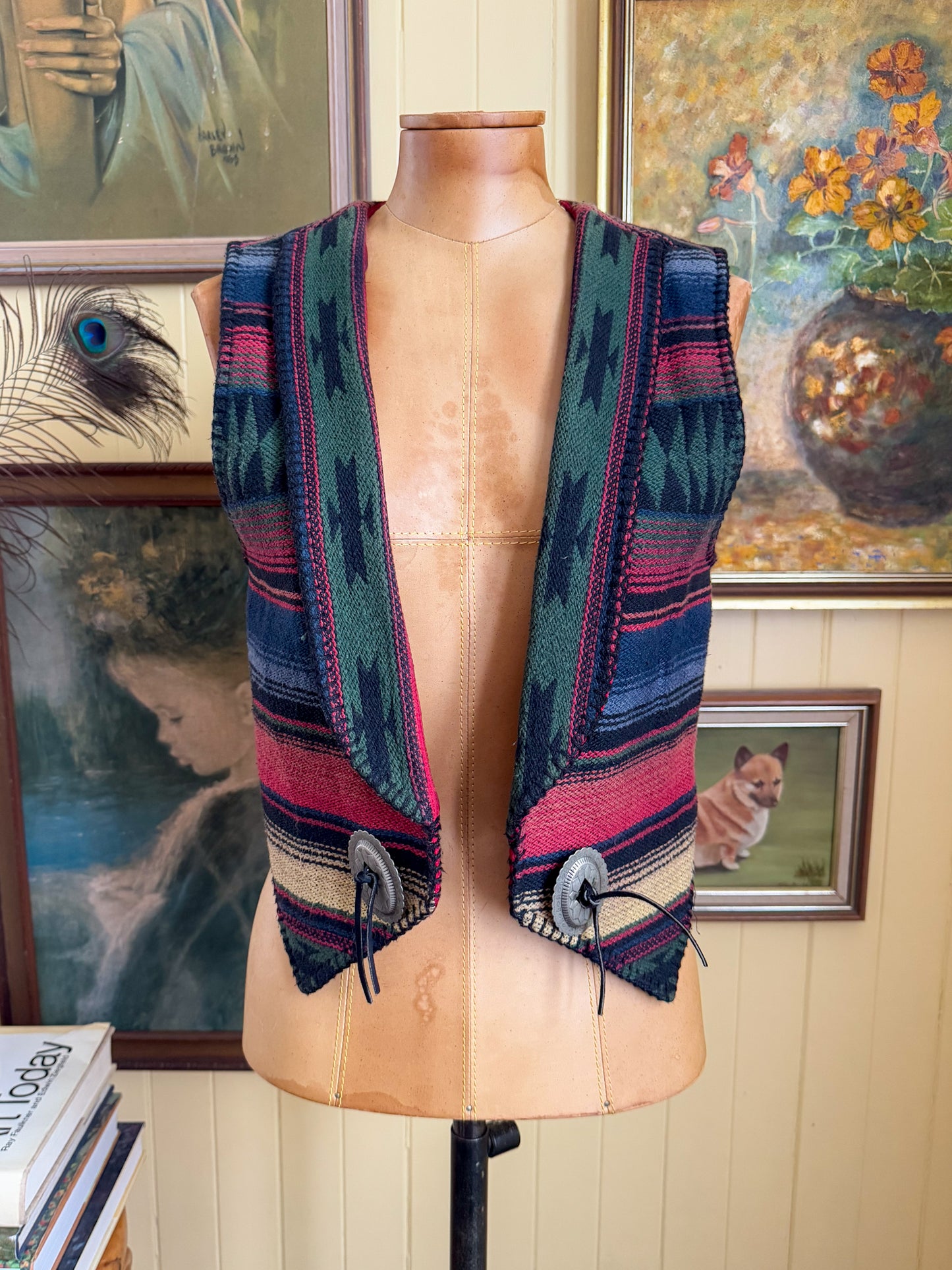 VINTAGE 1980S AMERICAN SHARON YOUNG COTTON SERAPE WOVEN CONCHO VEST S