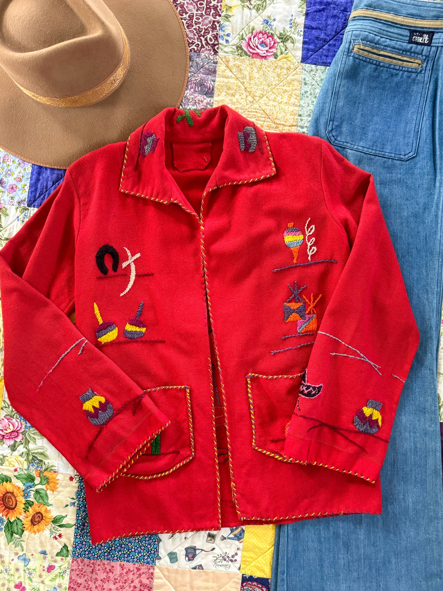 VINTAGE 1950S MEXICAN WOOL EMBROIDERED SOUVENIR TOURIST JACKET XS/S