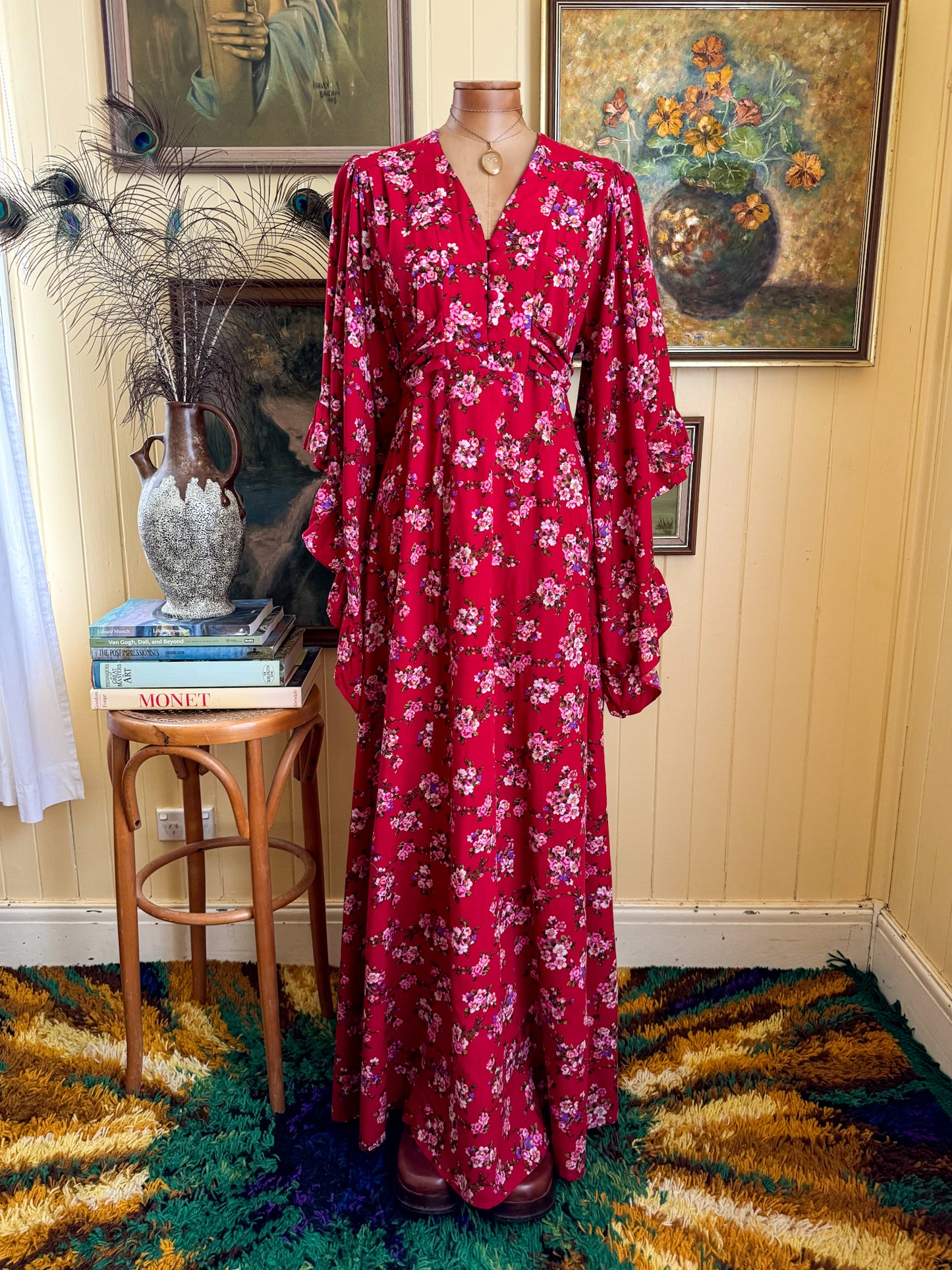 VINTAGE 1970S ARC COTTON ANGEL SLEEVE FLORAL PRINT MAXI DRESS S/M