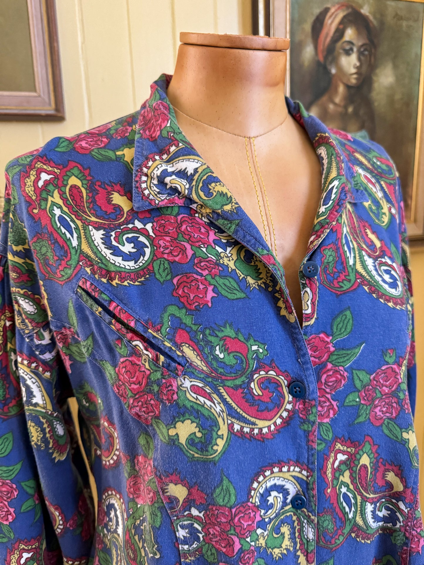 VINTAGE 1970S INDIAN COTTON PAISLEY BUTTON THROUGH BLOUSE M