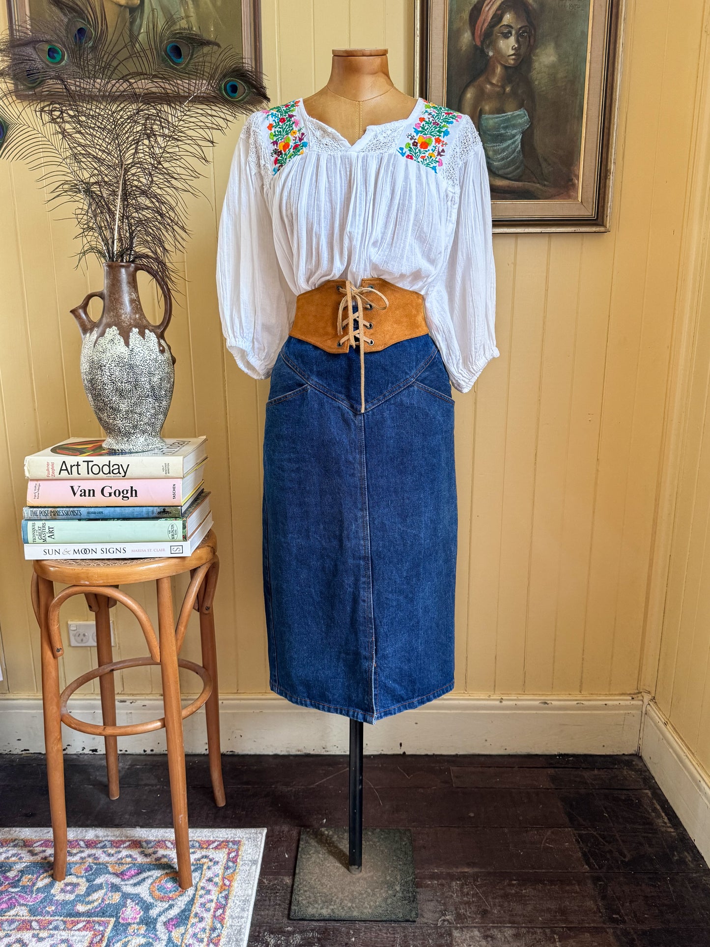 VINTAGE 1980S TRICK SHOT COTTON DENIM MIDI PENCIL SKIRT S