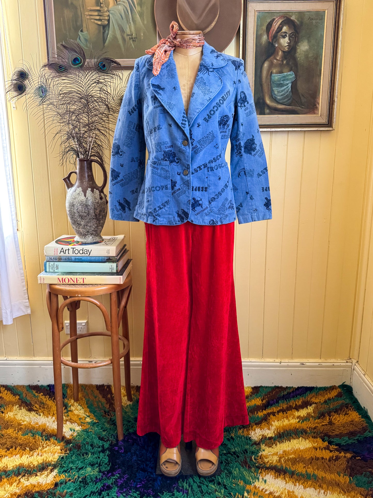 VINTAGE 1970S WALCO COTTON DENIM ASTROSCOPE PRINT BLAZER JACKET S