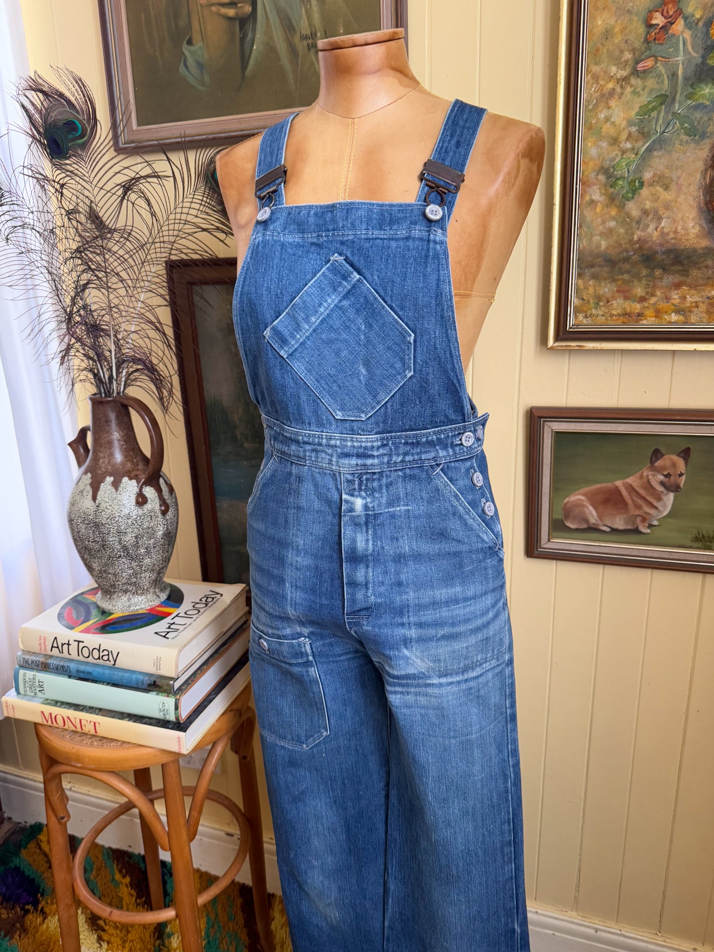 VINTAGE 1970S ENGLISH INEGA COTTON DENIM STRAIGHT LEG DUNGAREES OVERALLS XS