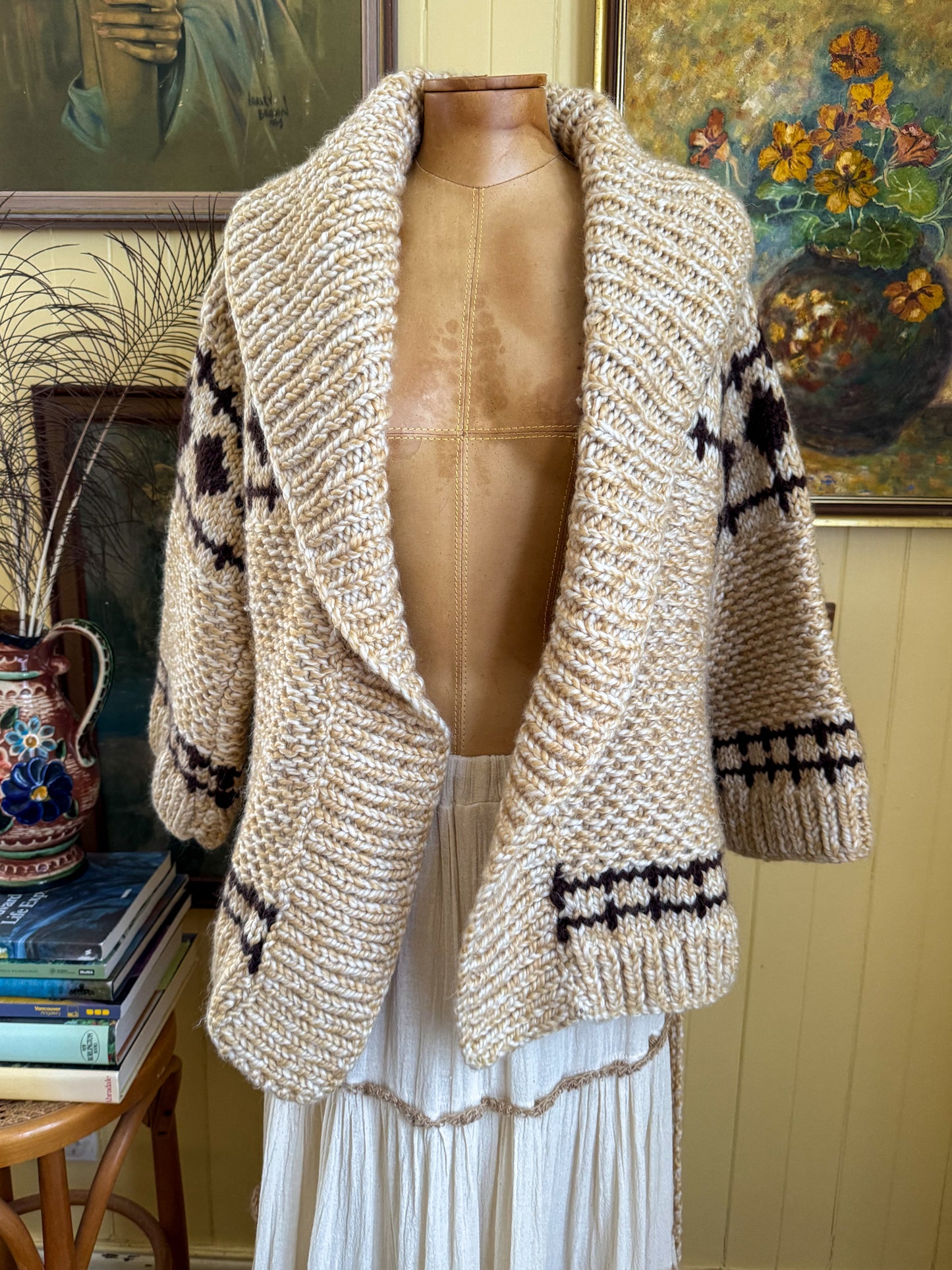 VINTAGE 1970S WOOL HAND KNIT STARSKY AND HUTCH CHUNKY KNIT WRAP CARDIGAN S