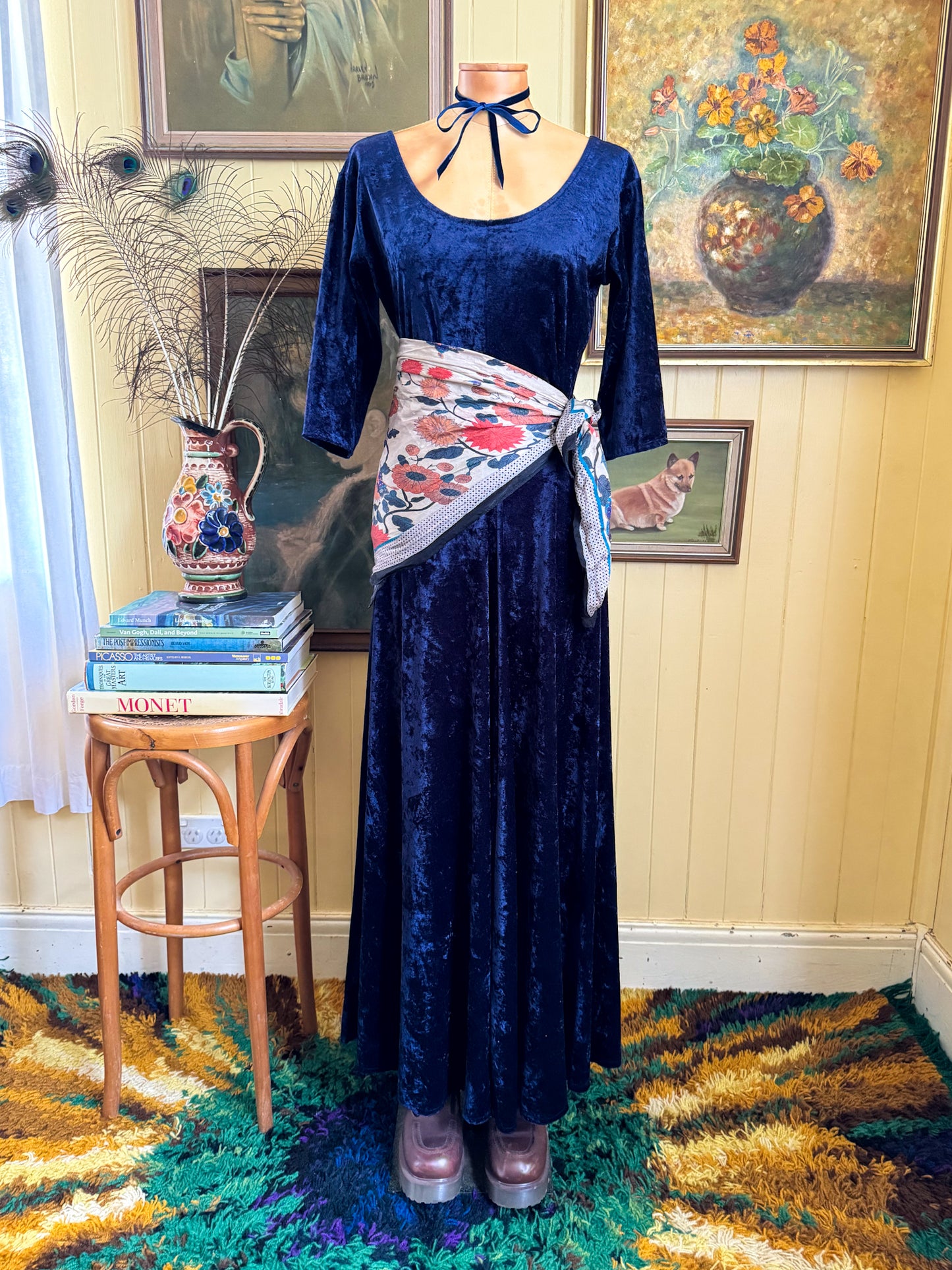 VINTAGE 1990S NAVY BLUE CRUSHED VELVET SLINKY MAXI DRESS M