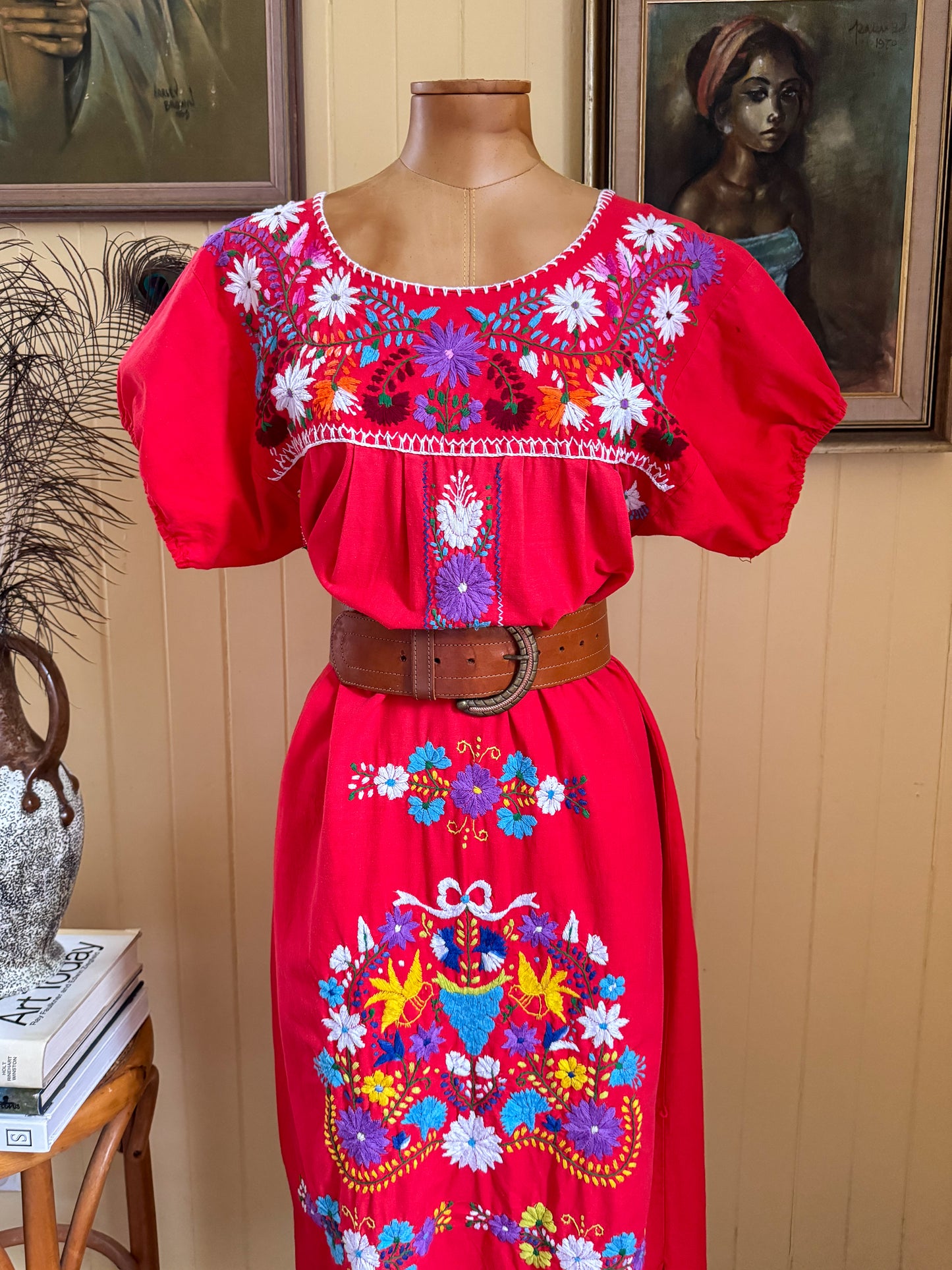 VINTAGE 1980S MEXICAN COTTON EMBROIDERED SMOCK MIDI DRESS S/M