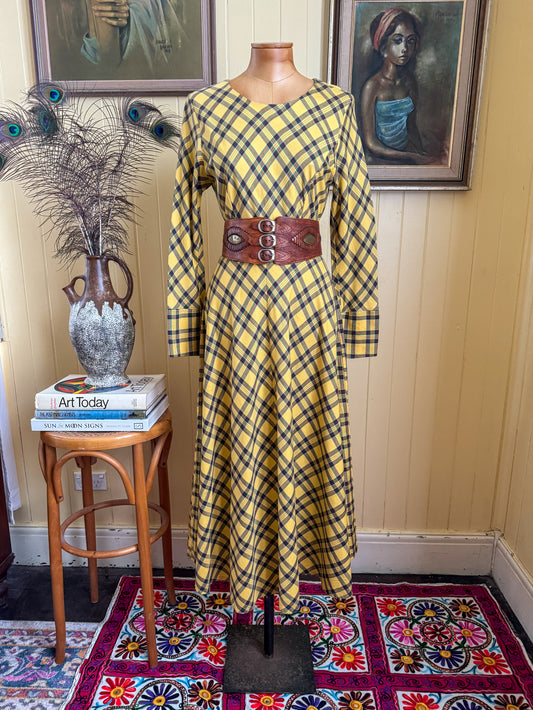 VINTAGE 1980S NORMA KAMALI JAPANESE COTTON PLAID MIDI DRESS S