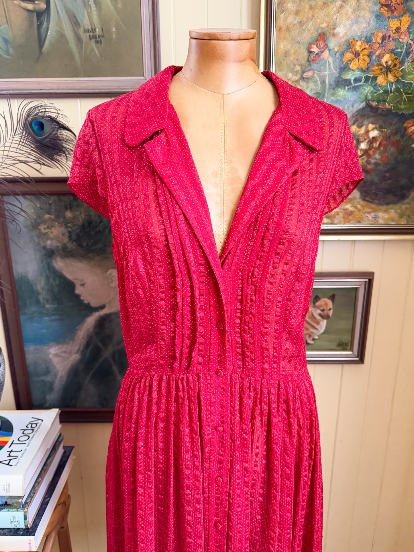 VINTAGE 1990S BRACEWELL SILK SHEER STRIPED MIDI SHIRT DRESS S/M